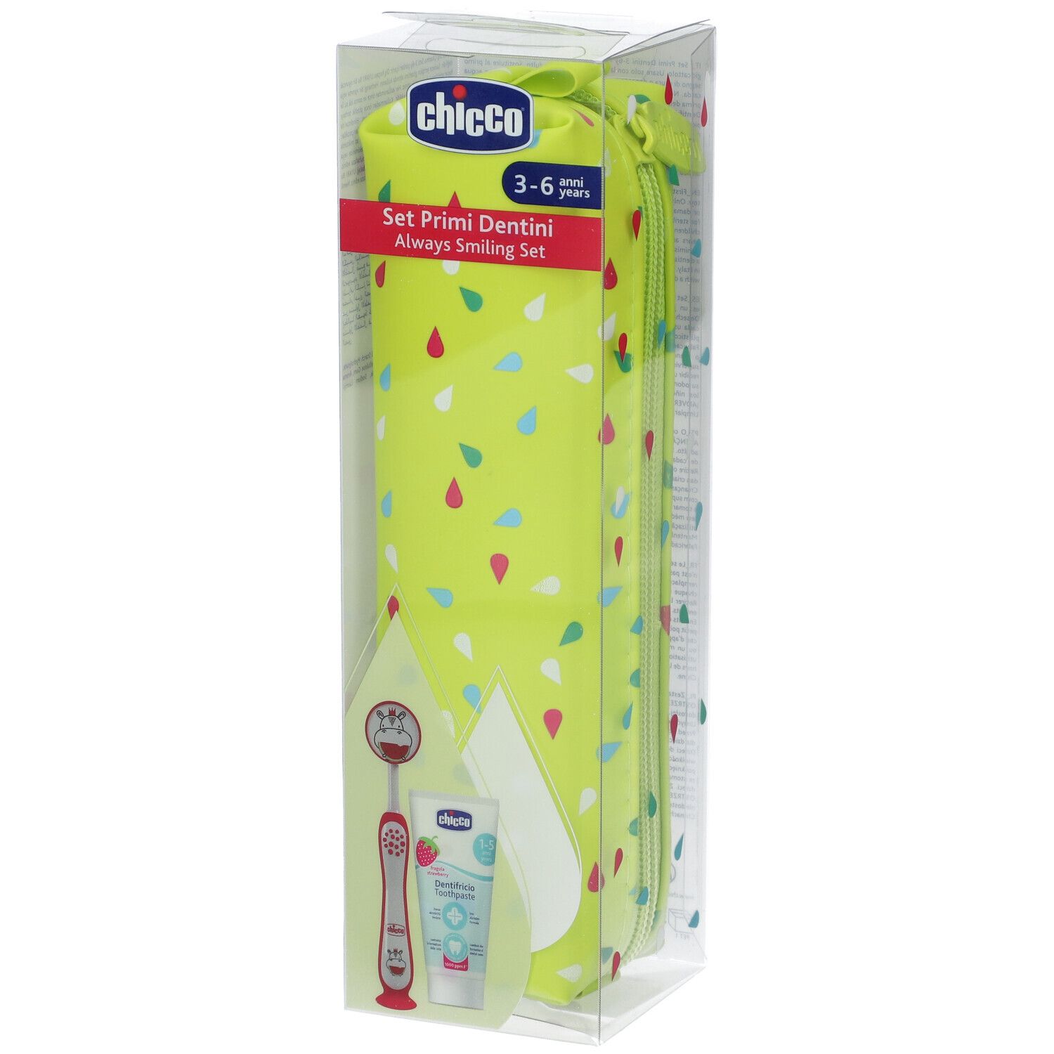 Chicco Set Primi Dentini. Astuccio verde-giallo con zip, spazzolino, dentifricio e specchietto orale in confezione trasparente.