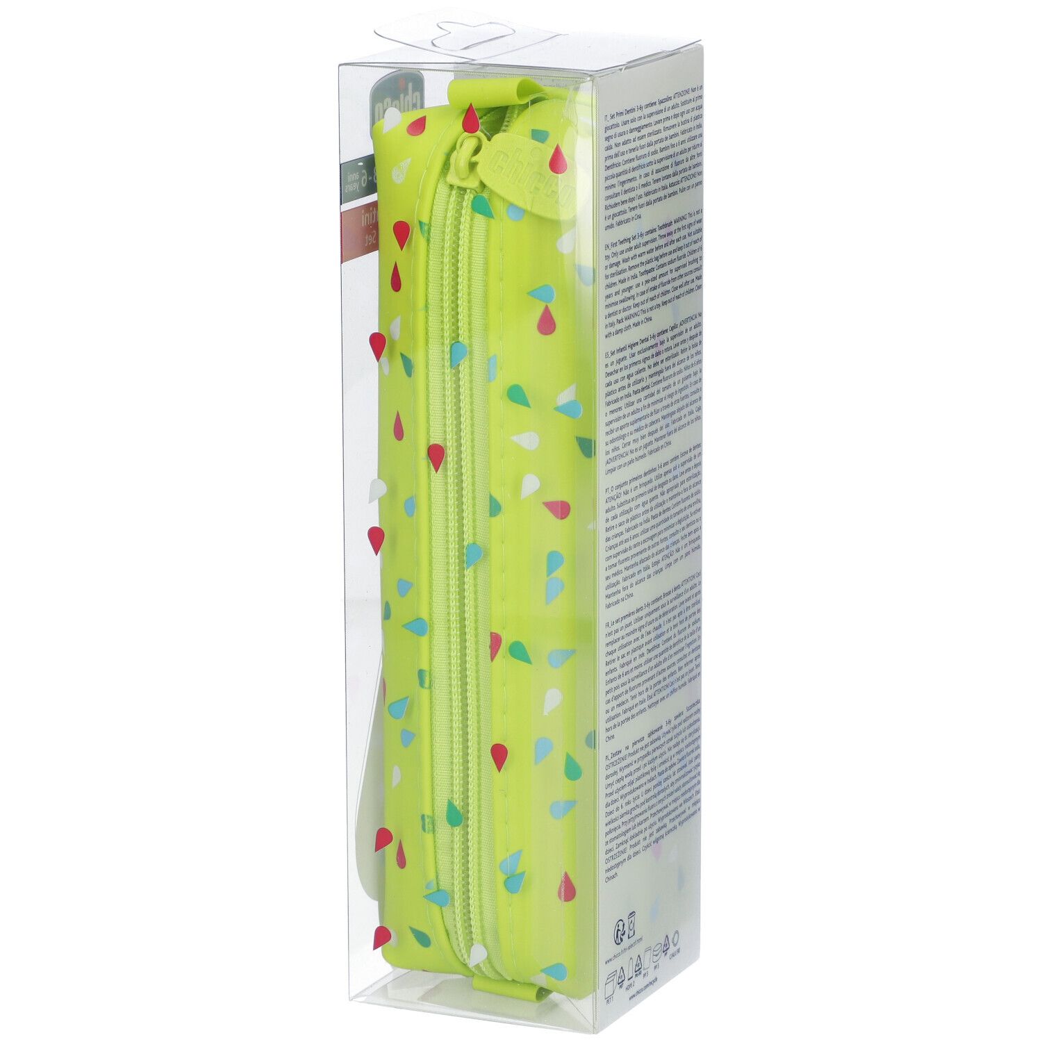 Chicco Set Primi Dentini. Astuccio verde-giallo con zip in confezione trasparente. Testo sulla confezione.