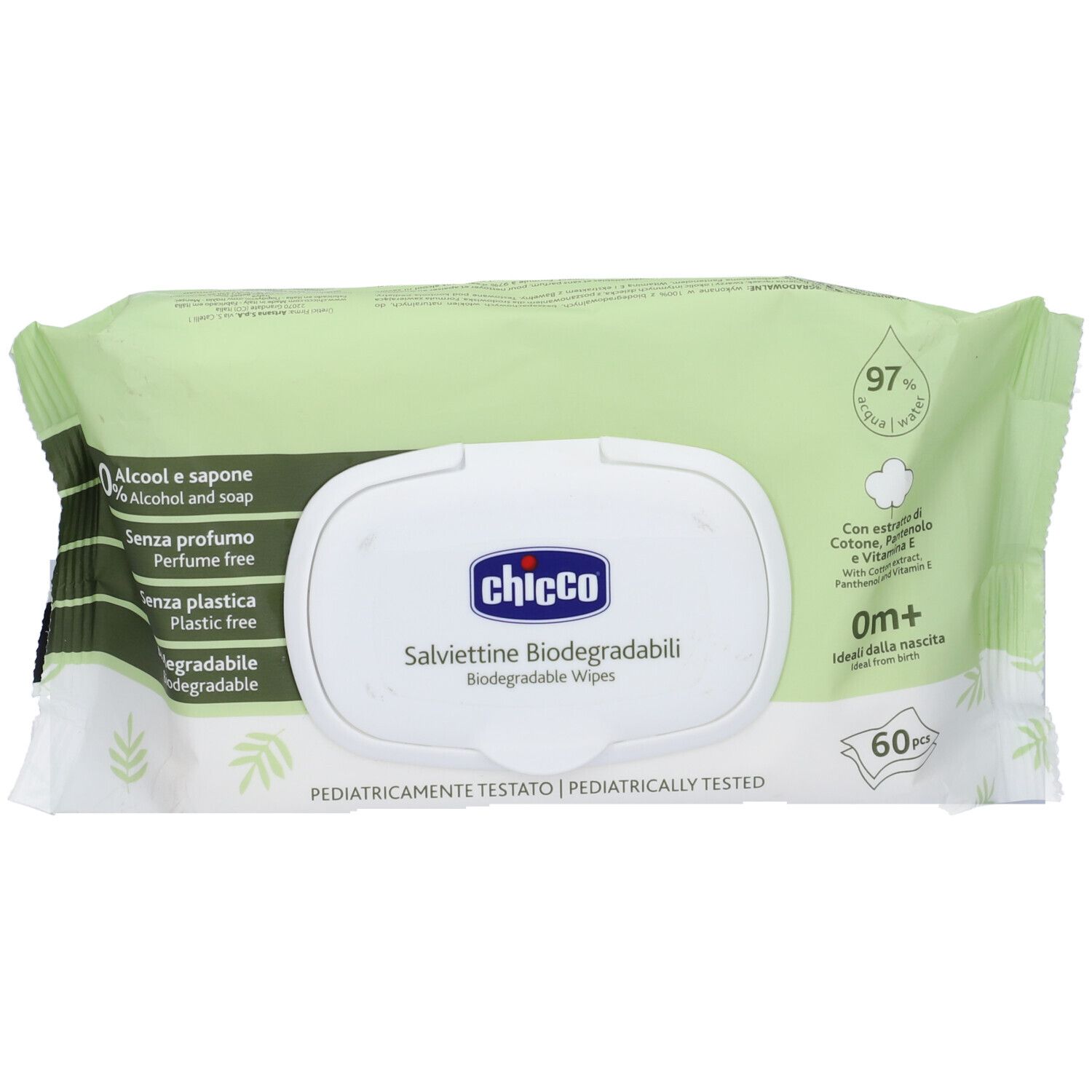Chicco Feuchttücher-Packung. Weißer Deckel, grüne Verpackung. Text: 'Salviettine biodegradabili'.