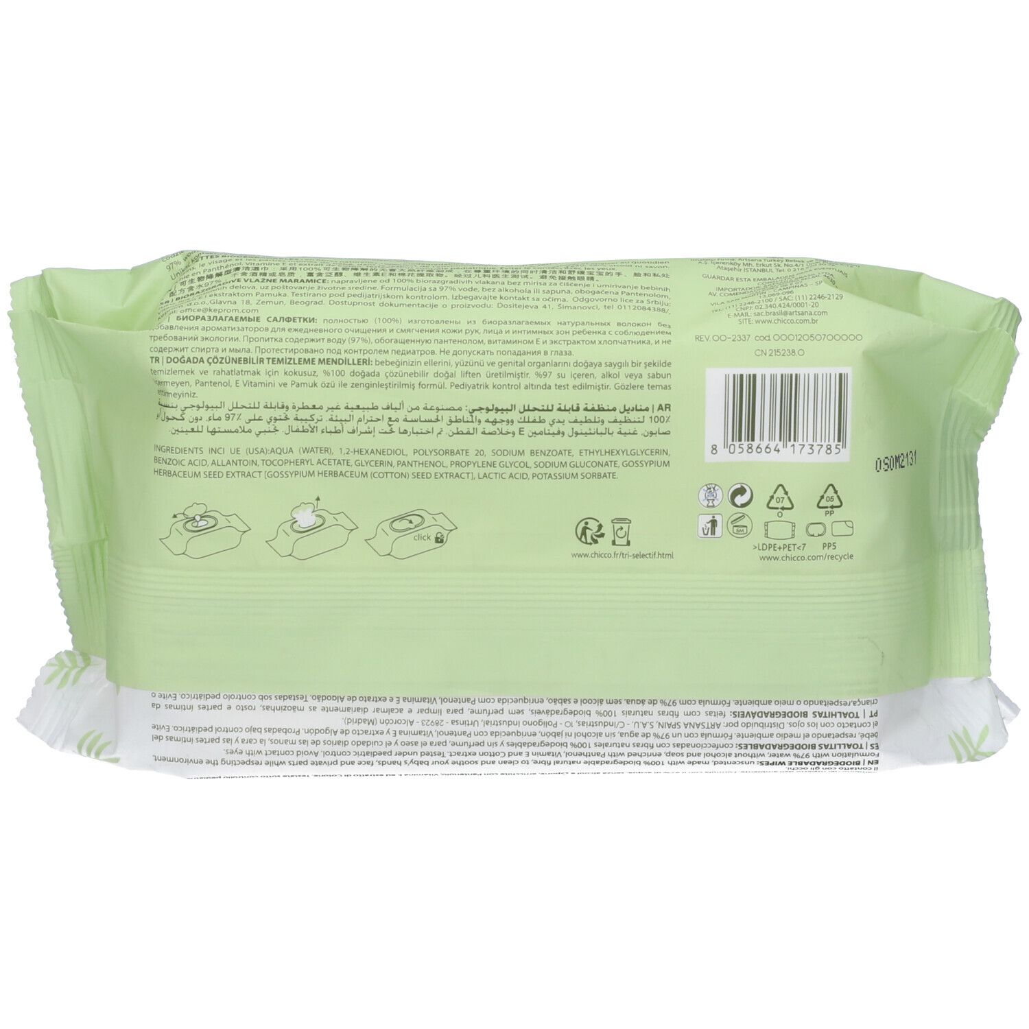Rückseite der Chicco Feuchttücher-Packung. Grüne Verpackung mit Text und Symbolen.