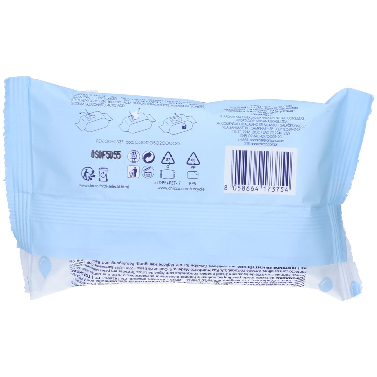Rückseite der hellblauen Verpackung. Enthält Informationen und Symbole. Barcode sichtbar.
