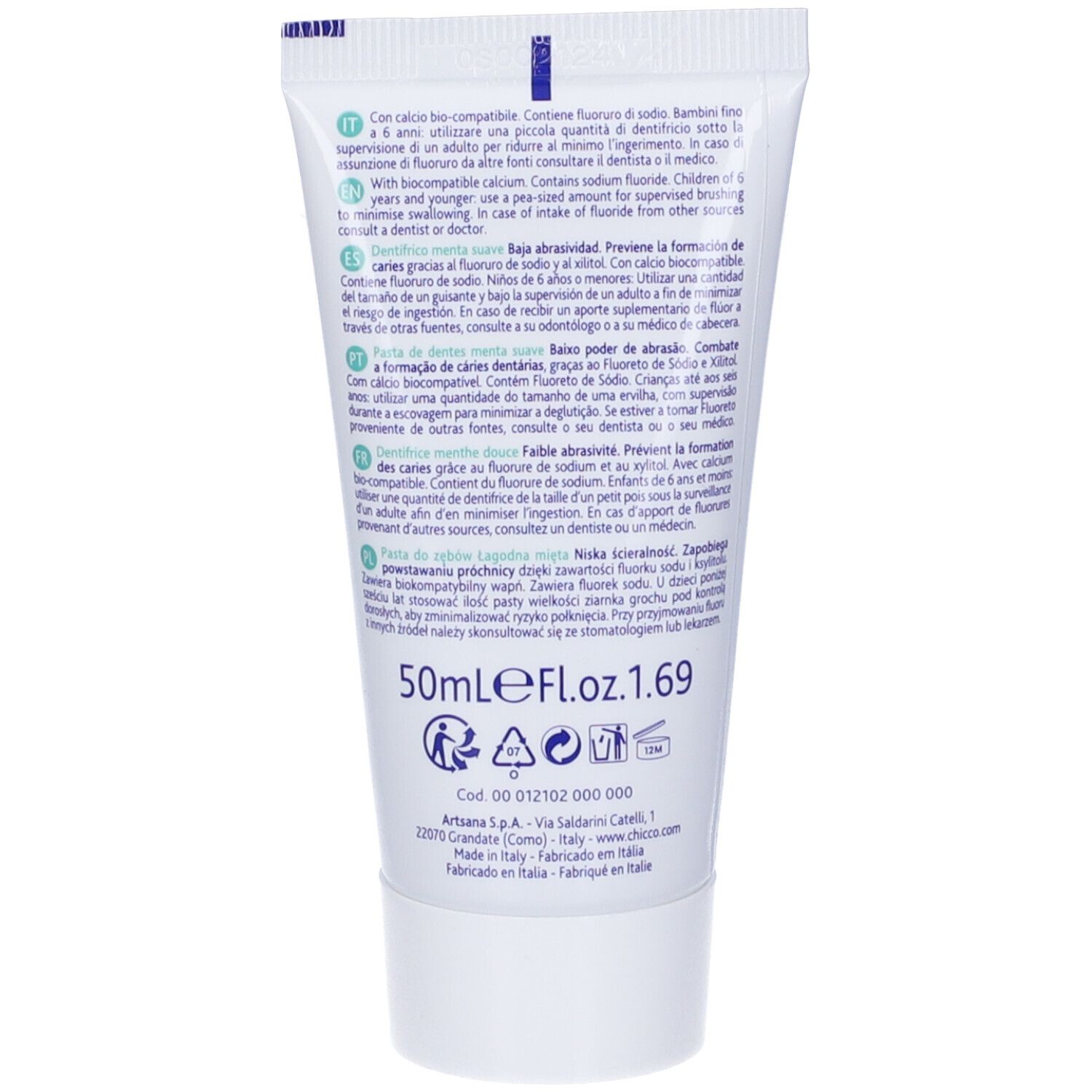 Rückseite einer weißen Zahnpasta-Tube. Text in mehreren Sprachen, darunter '50ml' und 'Made in Italy'.