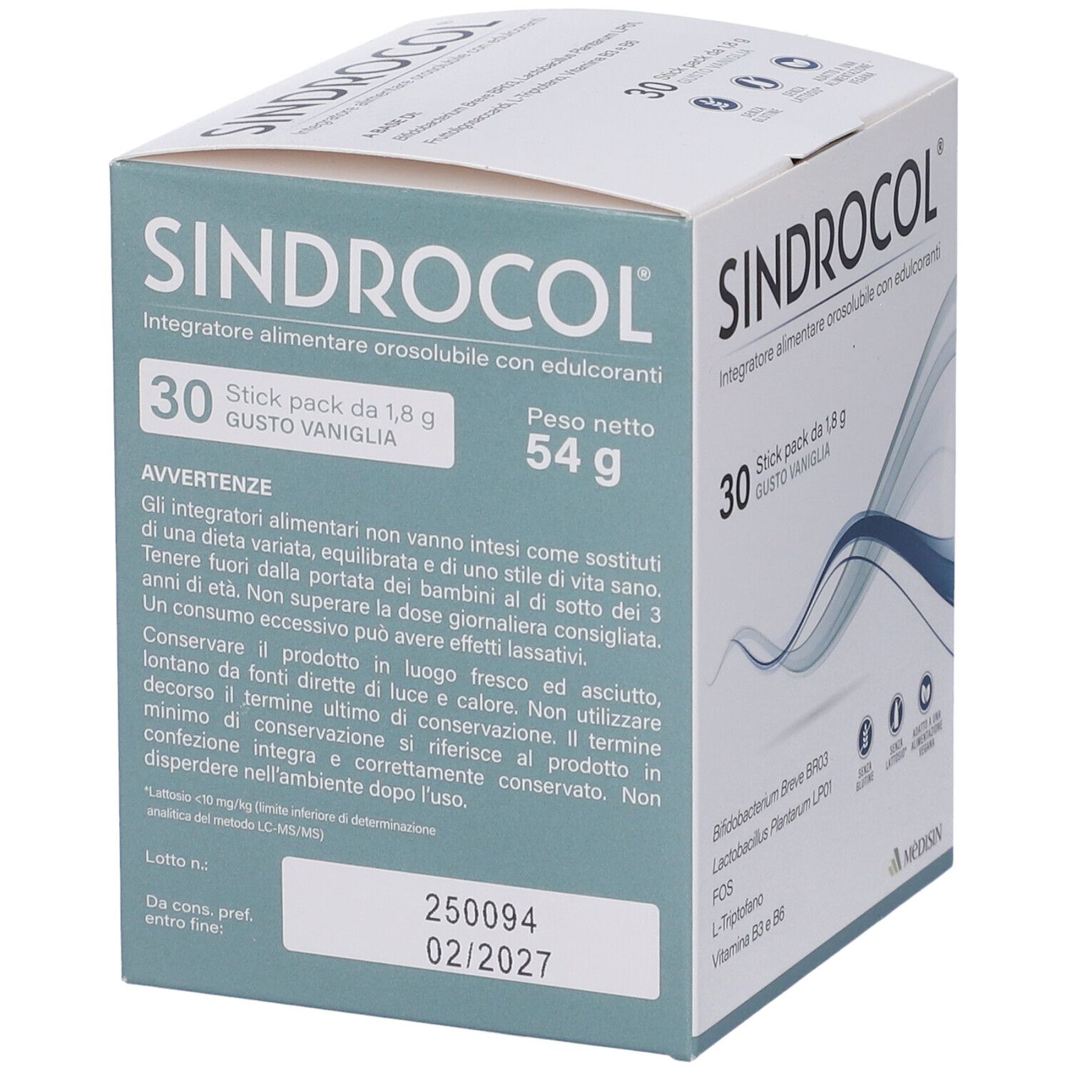 Schachtel mit Sindrocol-Stickpackungen. 30 Stück, Vanillegeschmack. Nettogewicht 54g. Enthält Warnhinweise und Verfallsdatum.