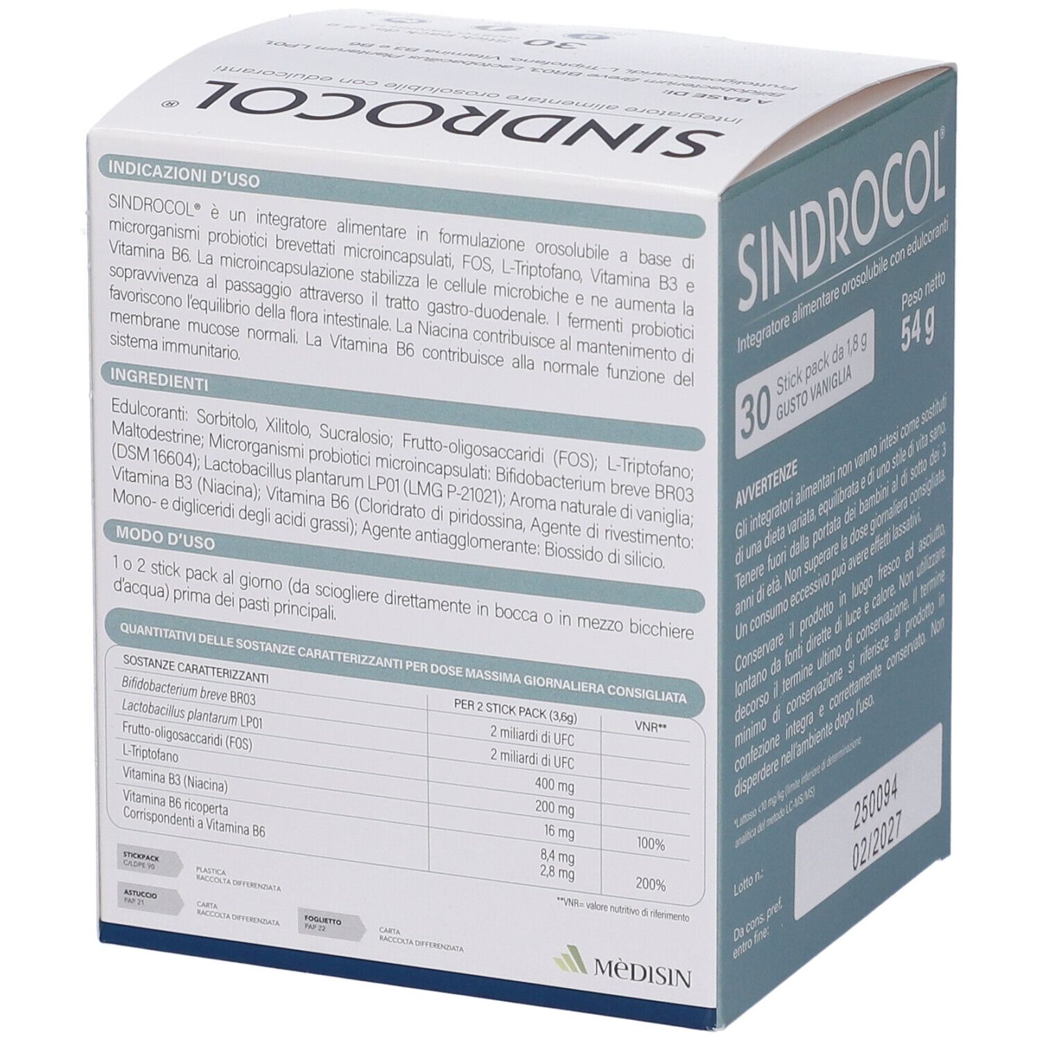 Schachtel mit Sindrocol-Stickpackungen. 30 Stück, Vanillegeschmack. Enthält Inhaltsstoffe und Dosierungsanweisungen. Nettogewicht 54g.