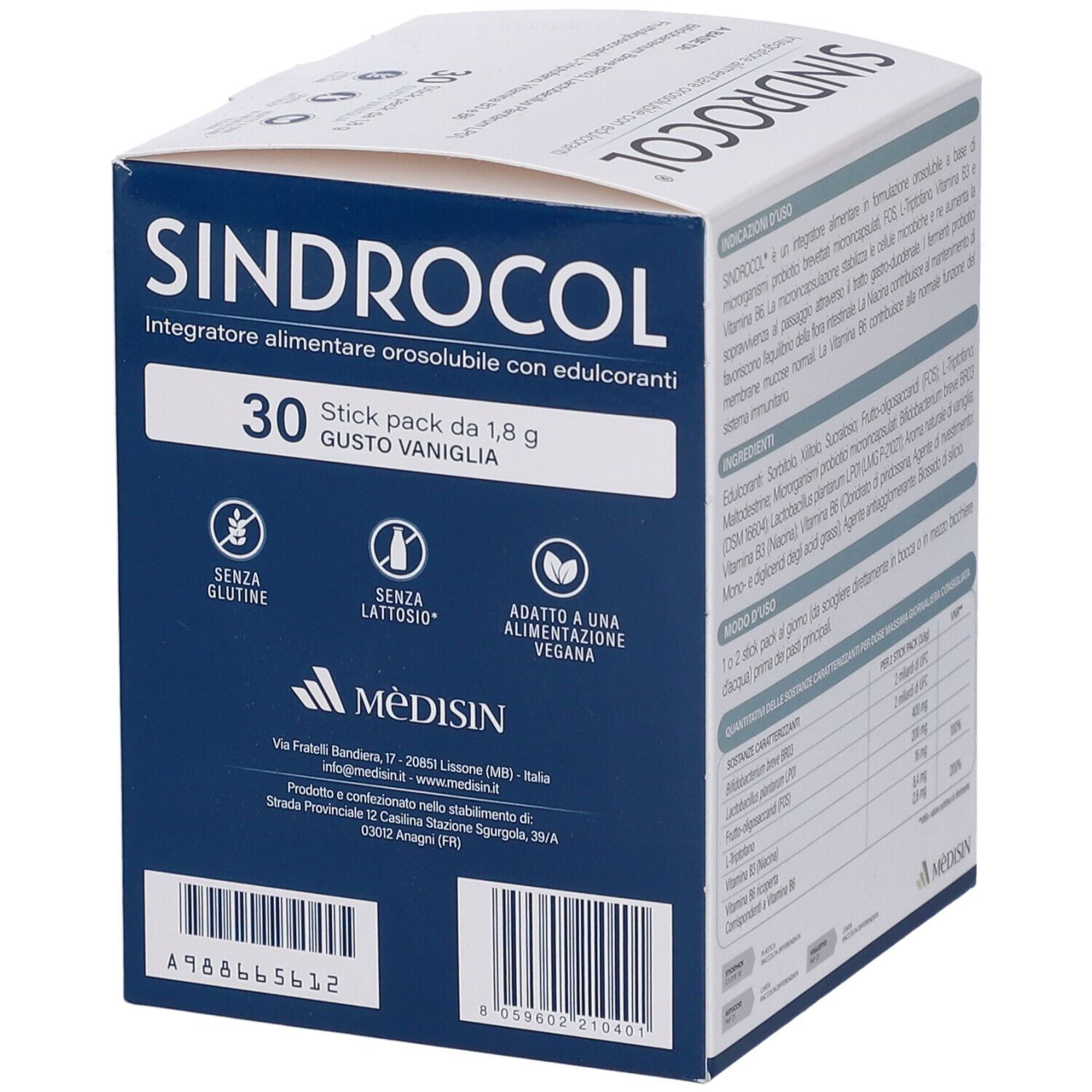 Schachtel mit Sindrocol-Stickpackungen. 30 Stück, Vanillegeschmack. Glutenfrei, laktosefrei, vegan. Marke: Medisin.
