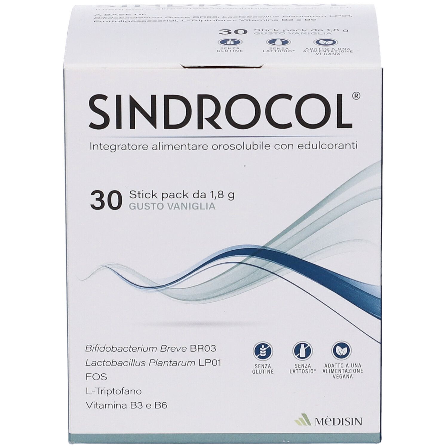 Schachtel mit Sindrocol-Stickpackungen. 30 Stück, Vanillegeschmack. Enthält Bifidobacterium Breve, Lactobacillus Plantarum, FOS, L-Tryptophan, Vitamine.