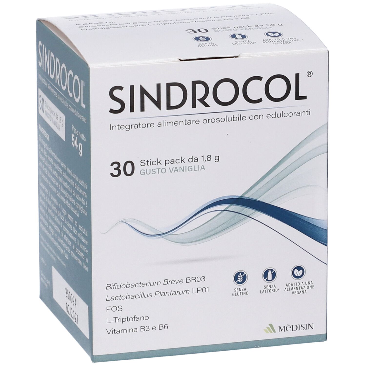 Schachtel mit Sindrocol-Stickpackungen. 30 Stück, Vanillegeschmack. Nettogewicht 54g. Enthält Inhaltsstoffe und Verfallsdatum.