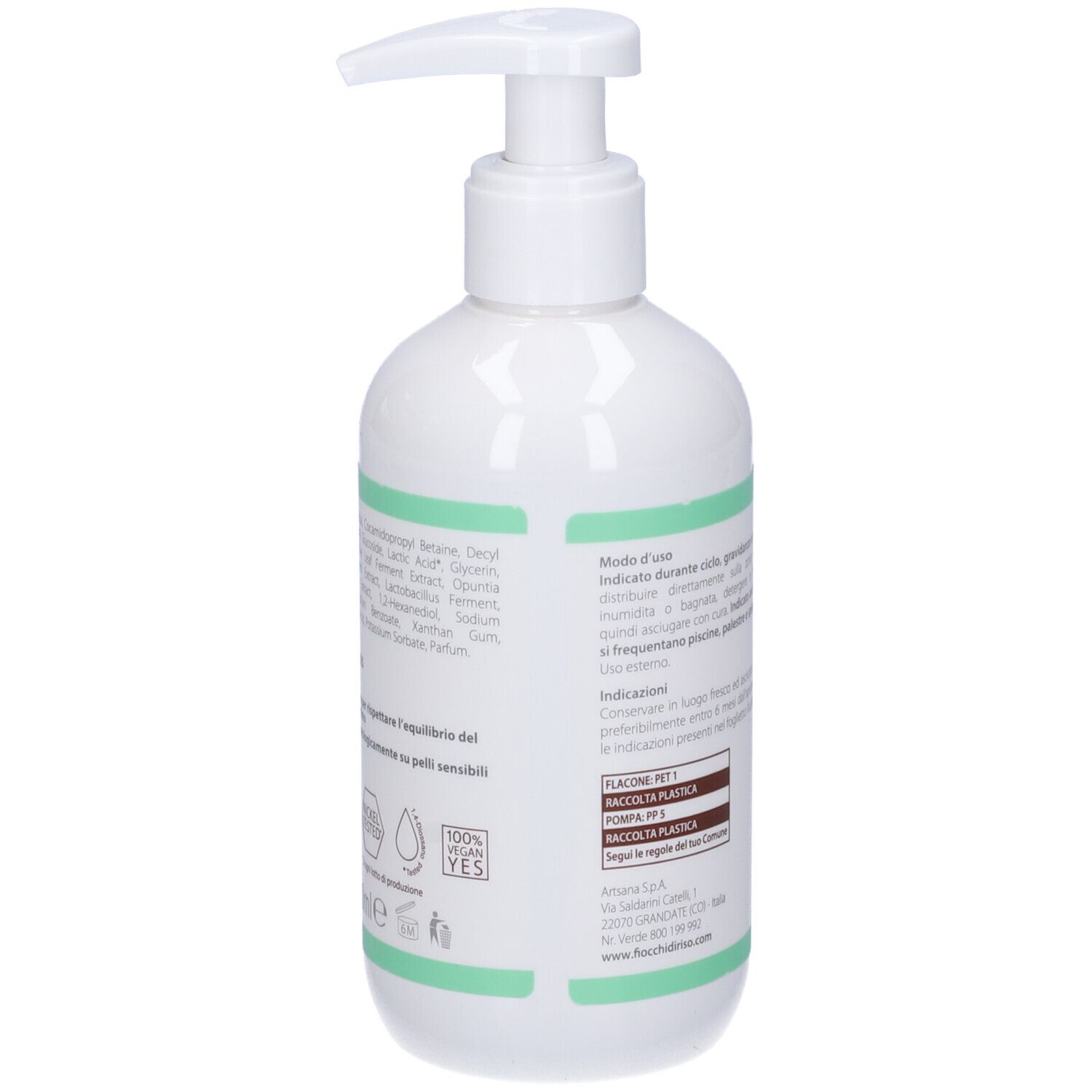 Weiße Pumpflasche mit grünen Akzenten und Etikett mit Inhaltsstoffen und Anwendungshinweisen.