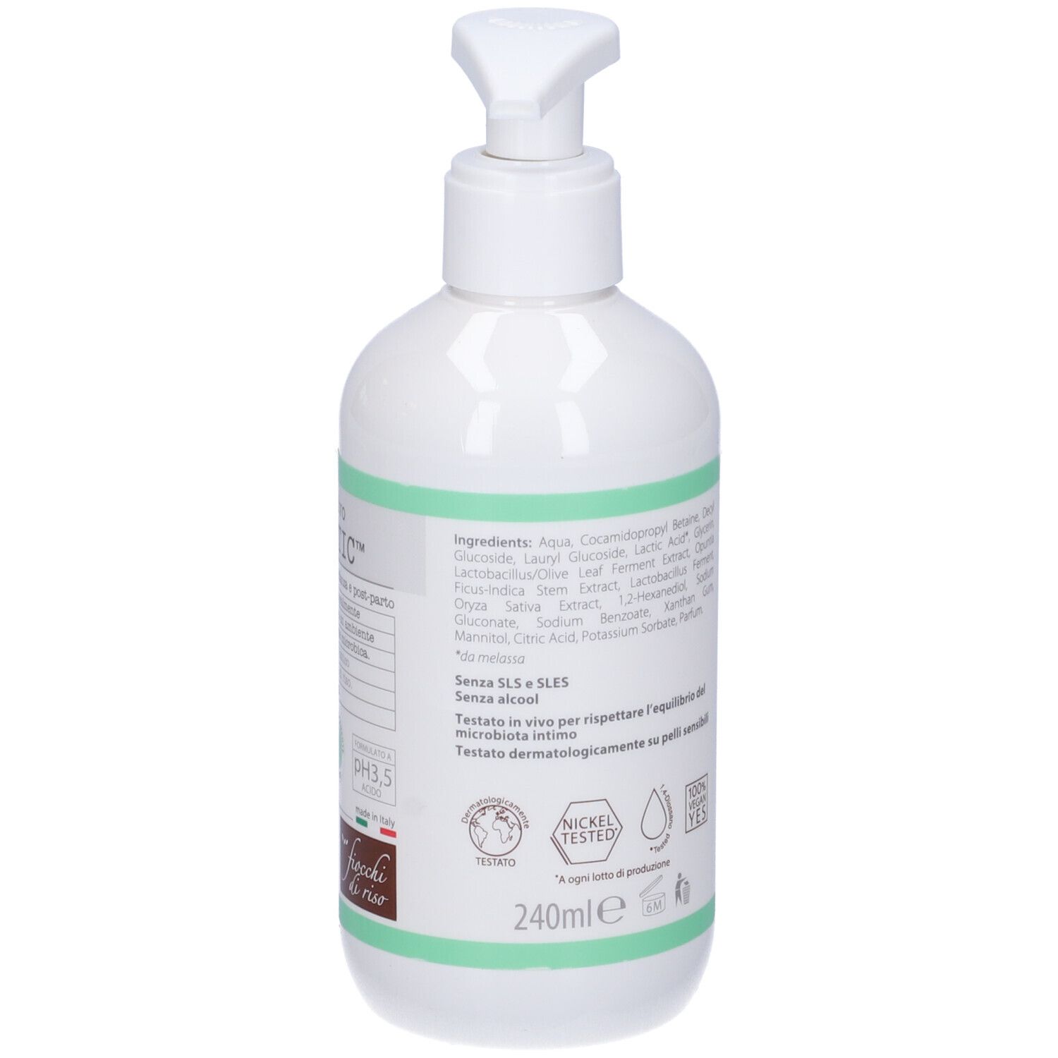 Weiße Pumpflasche mit Etikett, 240ml.