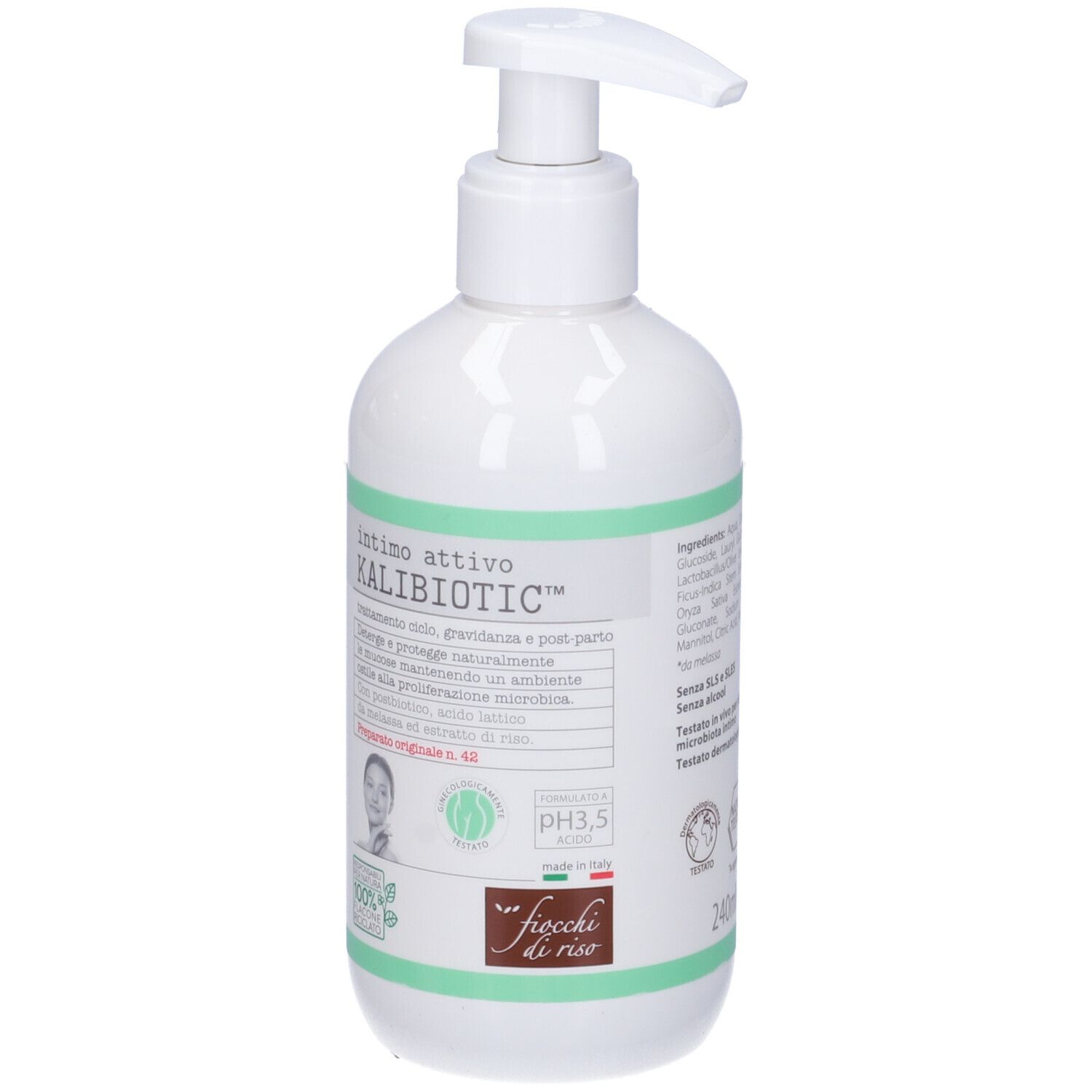 Weiße Pumpflasche mit grünem Etikett, Kalibiotic Intimwaschlotion, pH 3,5.