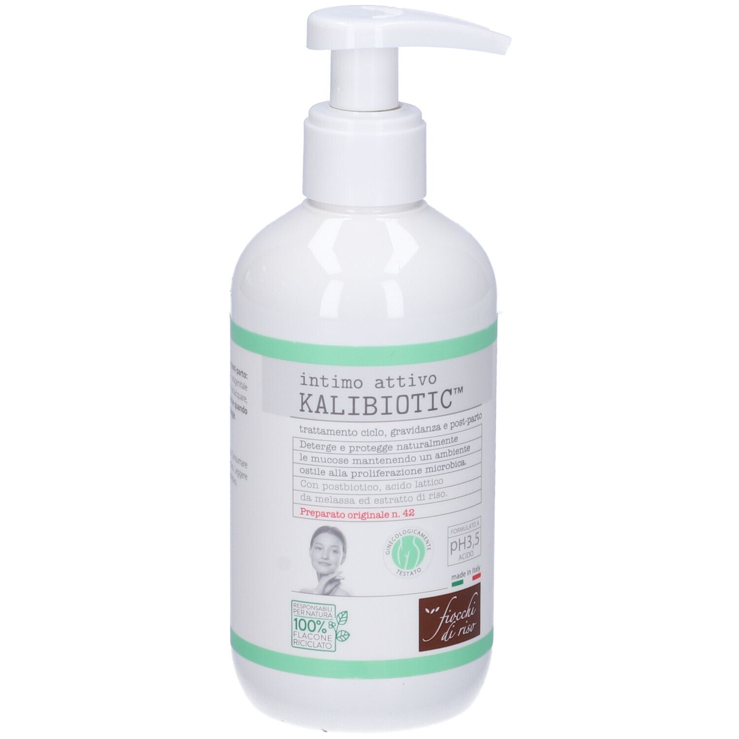 Weiße Pumpflasche mit grünem Etikett. Enthält Kalibiotic Intimo Attivo.