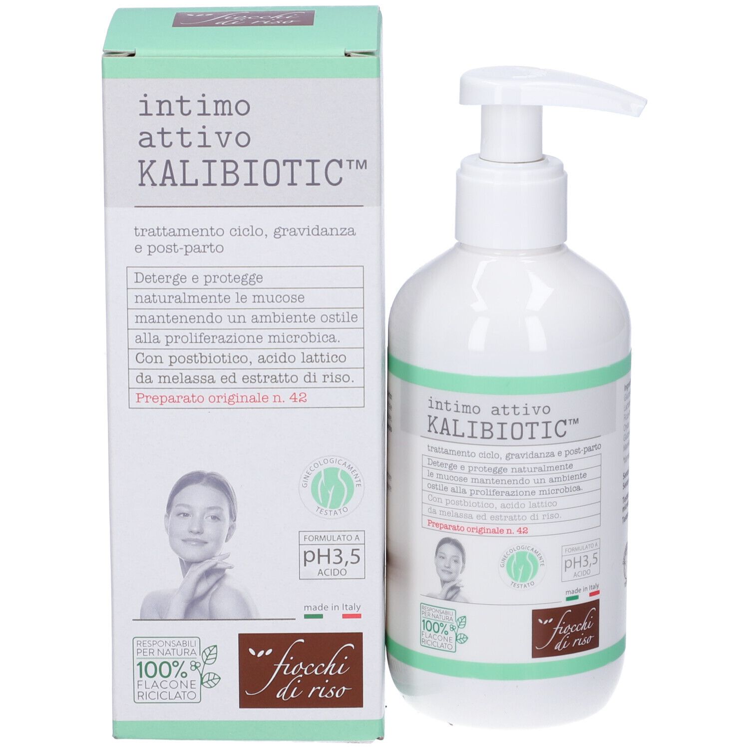 Intimpflegeprodukt Kalibiotic in einer weißen Pumpflasche und Faltschachtel, beide mit grünen Akzenten und Produktinformationen.