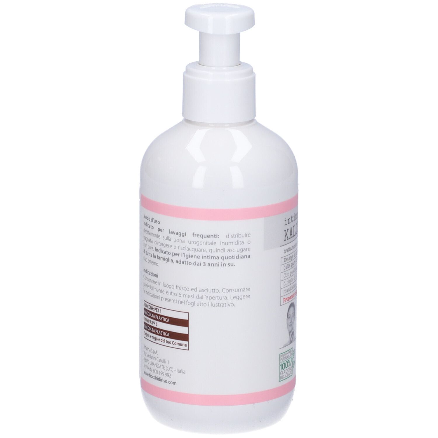 Weiße Pumpflasche mit rosa Band, mit Etikett und Aufdruck.