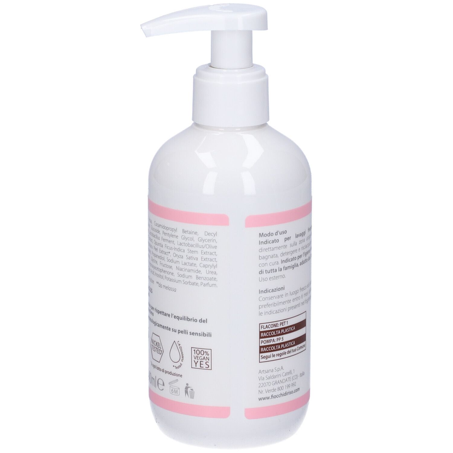 Weiße Pumpflasche mit rosa Akzenten und Produktinformationen.