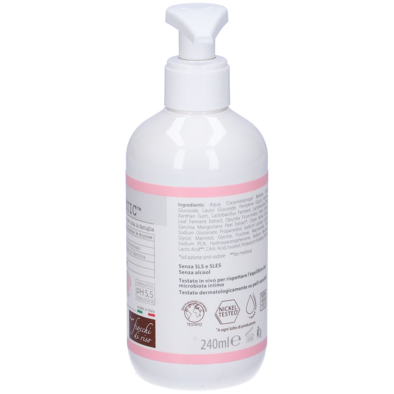 Weiße Pumpflasche mit rosa Band, 240ml. Enthält Inhaltsstoffliste und Zertifizierungen.
