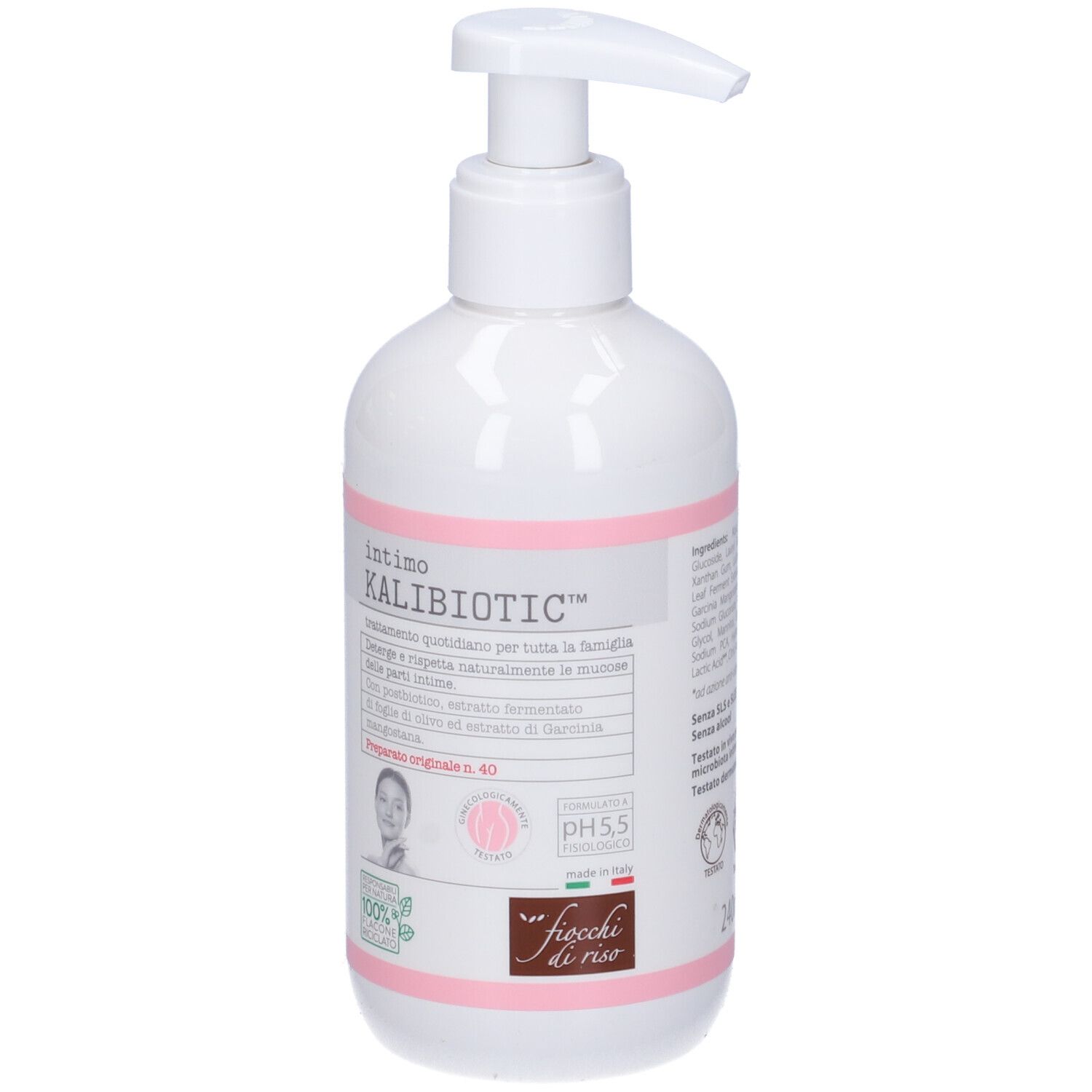 Weiße Pumpflasche mit rosa Akzenten, beschriftet mit 'Intimo KALIBIOTIC'. Enthält PH 5.5 Logo.