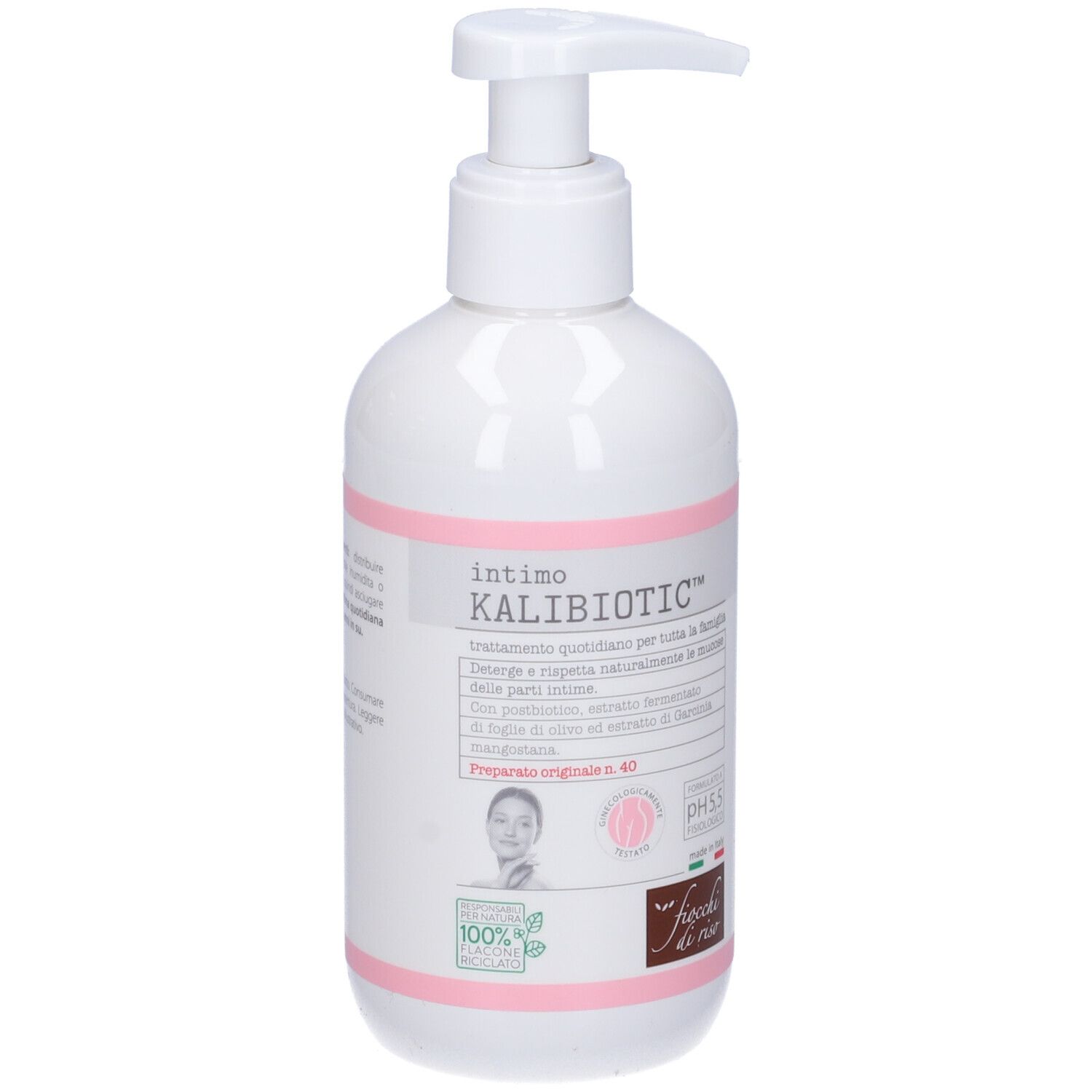 Weiße Pumpflasche mit rosa Bändern, beschriftet mit 'Intimo Kalibiotic'.