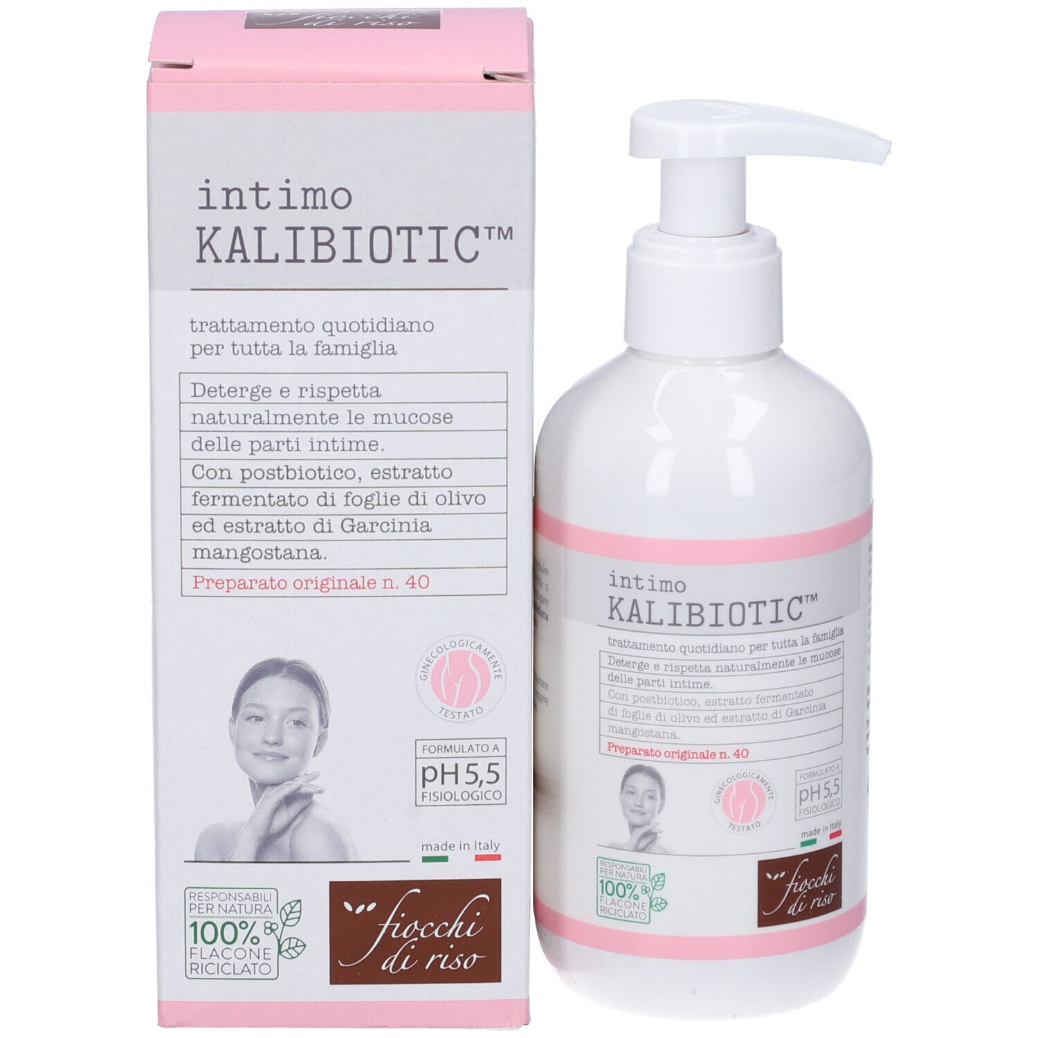 Intimo Kalibiotic Flasche mit Spender und Umverpackung. Enthält Postbiotika, Olivenblatt- und Mangostanextrakt. pH 5,5.