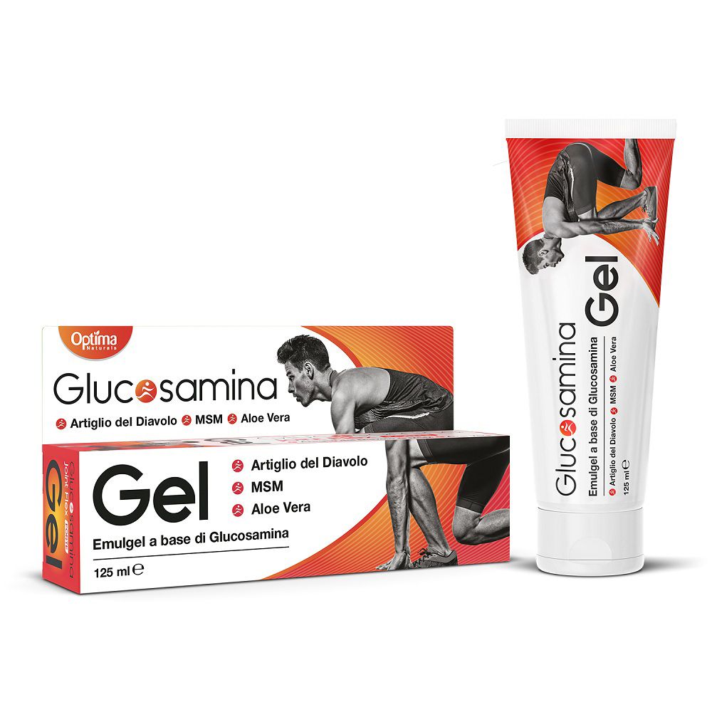 Glucosamina Gel Tube und Faltschachtel mit Sportlerabbildung.