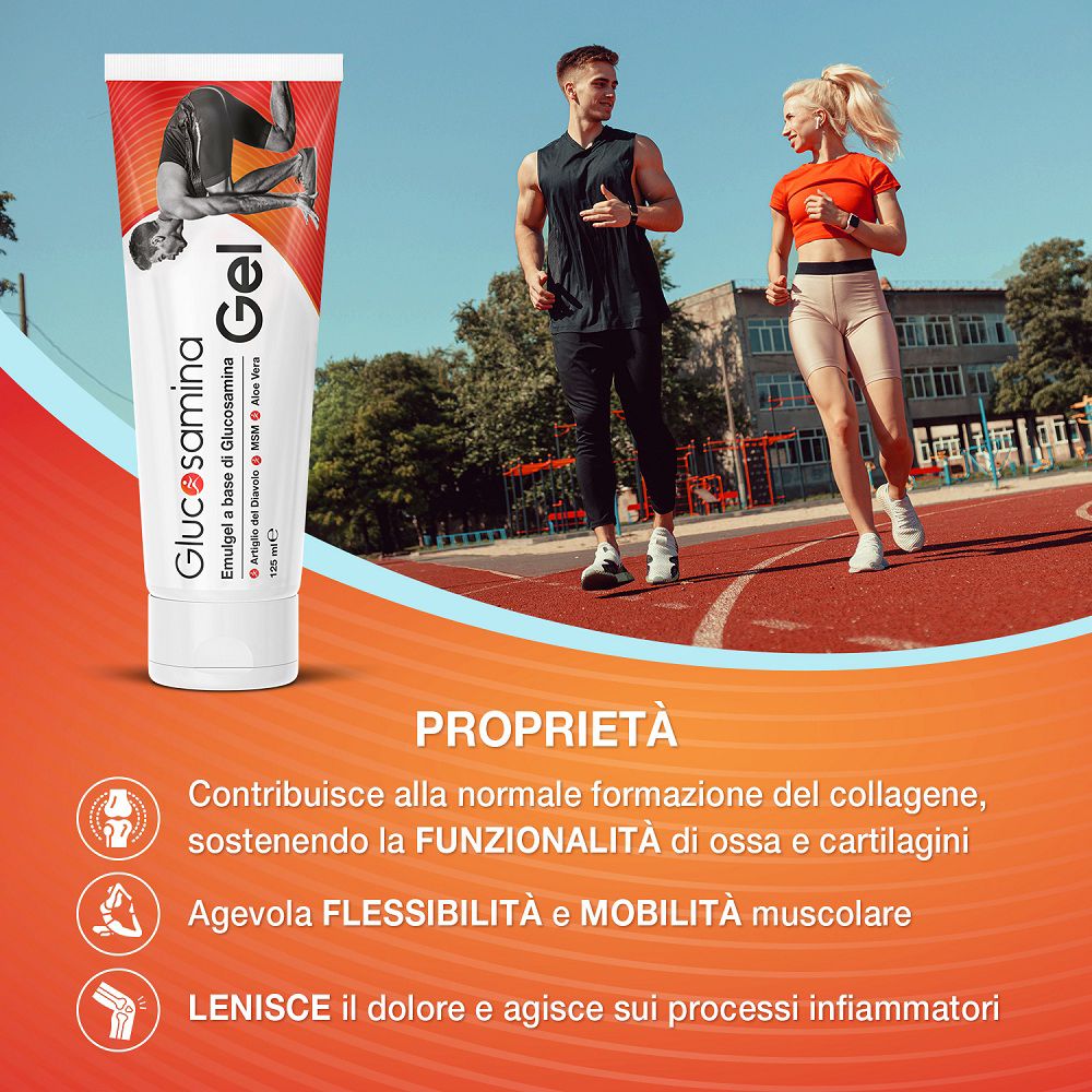 Glucosamina Gel Tube neben Läufern auf einer Tartanbahn.