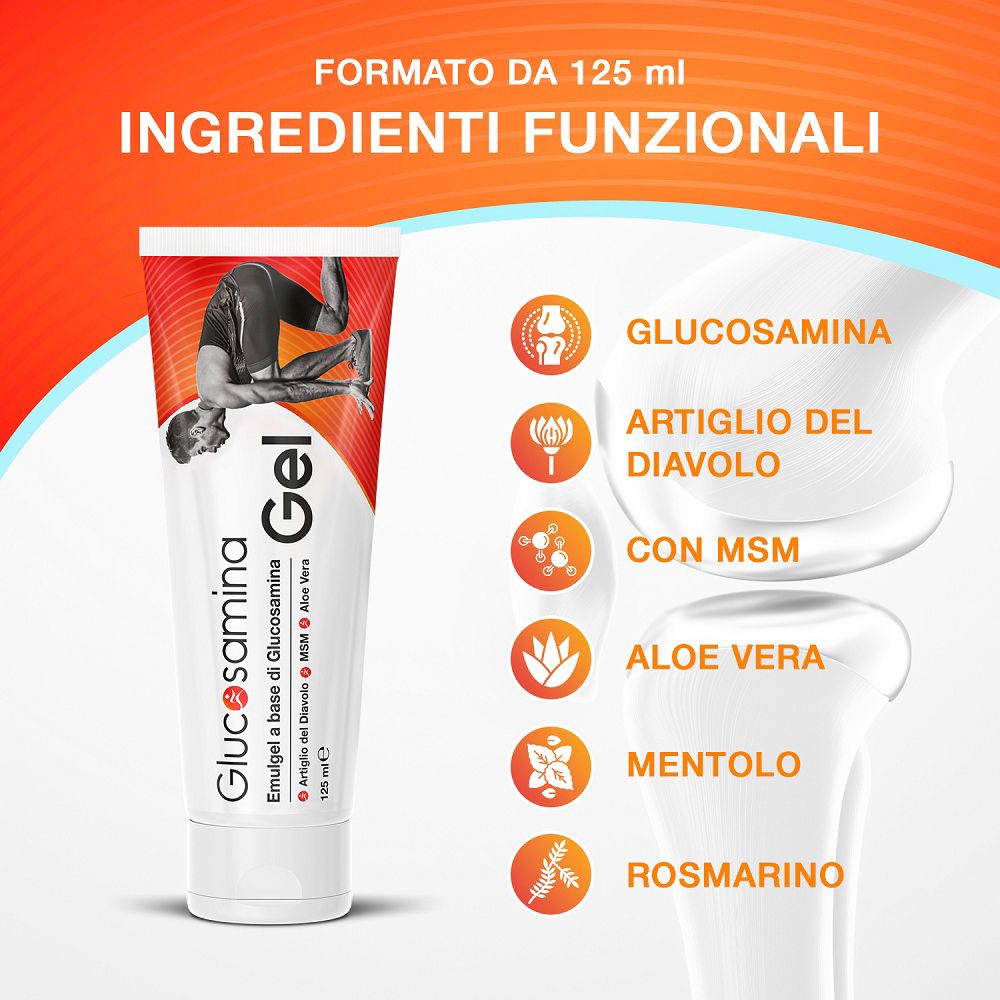 Glucosamina Gel Tube mit Liste funktioneller Inhaltsstoffe.
