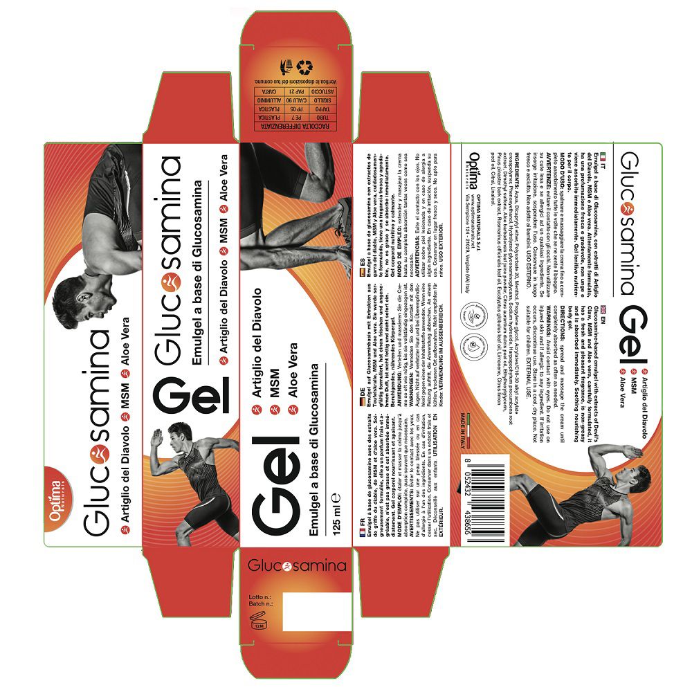 Aufgeklappte Faltschachtel von Glucosamina Gel mit Produktinformationen.