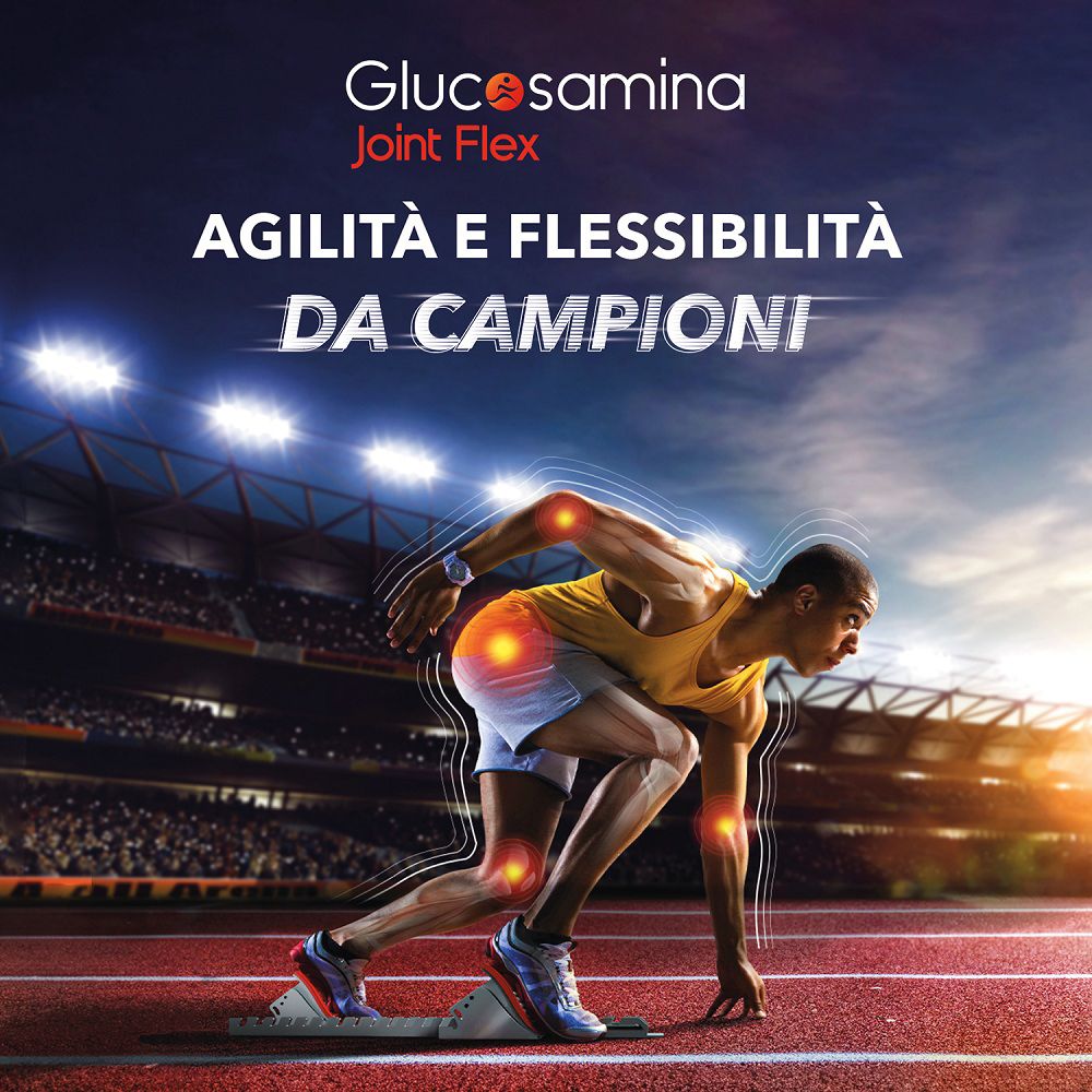 Läufer auf Startblock mit Hervorhebungen an Gelenken, Produktname Glucosamina Joint Flex.