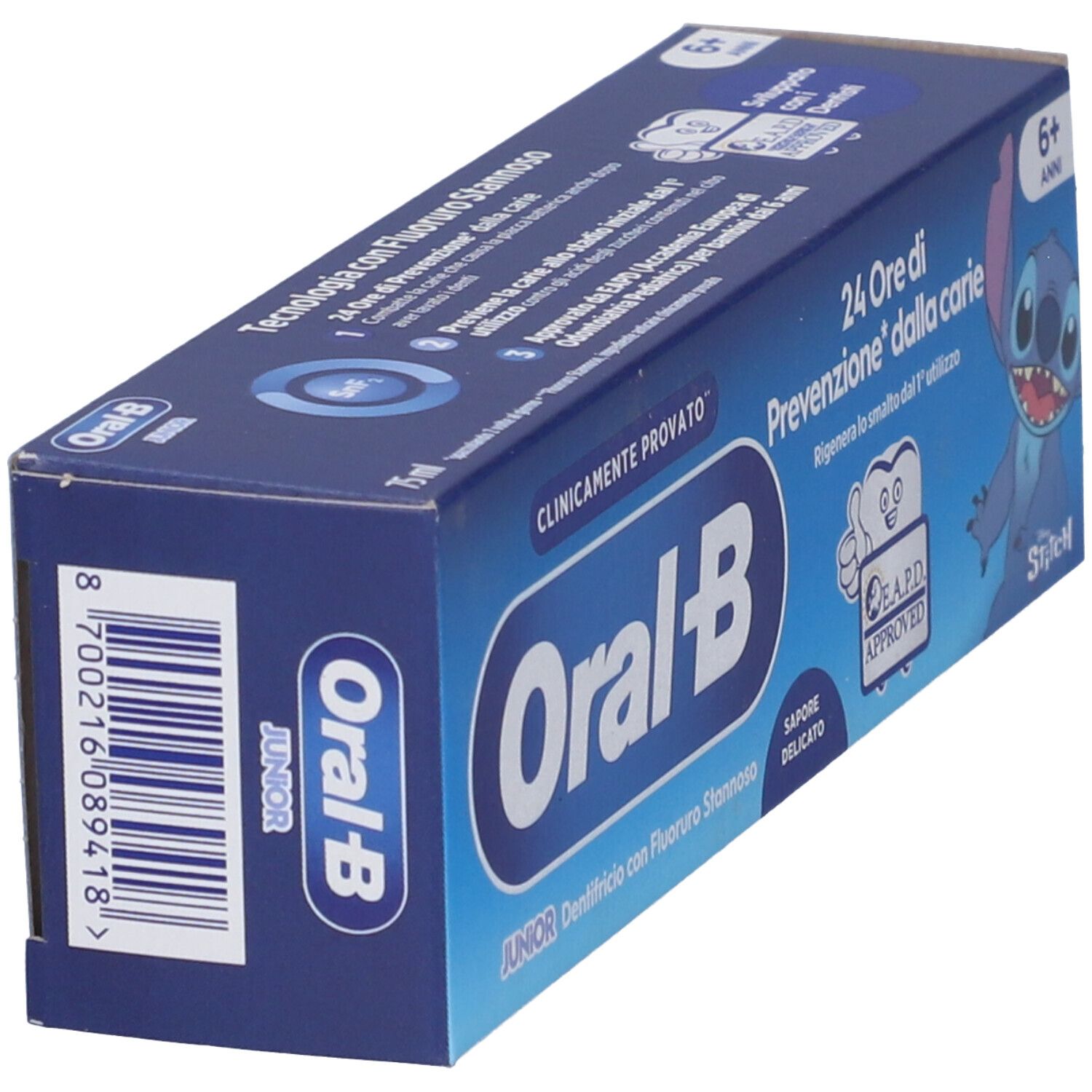 Oral-B Junior Zahnpasta-Verpackung mit Stitch-Motiv, 75ml.