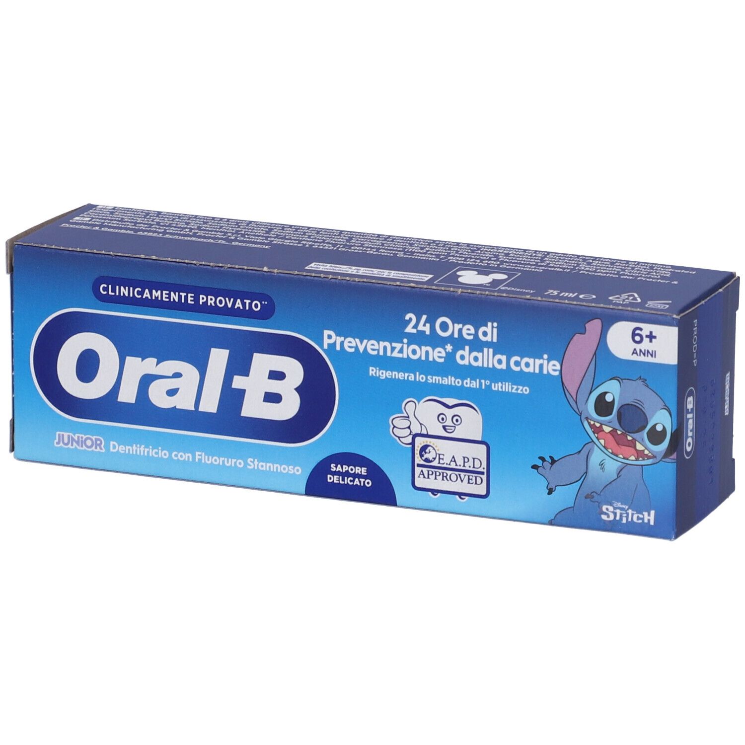 Oral-B Junior Zahnpastenschachtel mit Stitch-Motiv, für Kinder ab 6 Jahren.