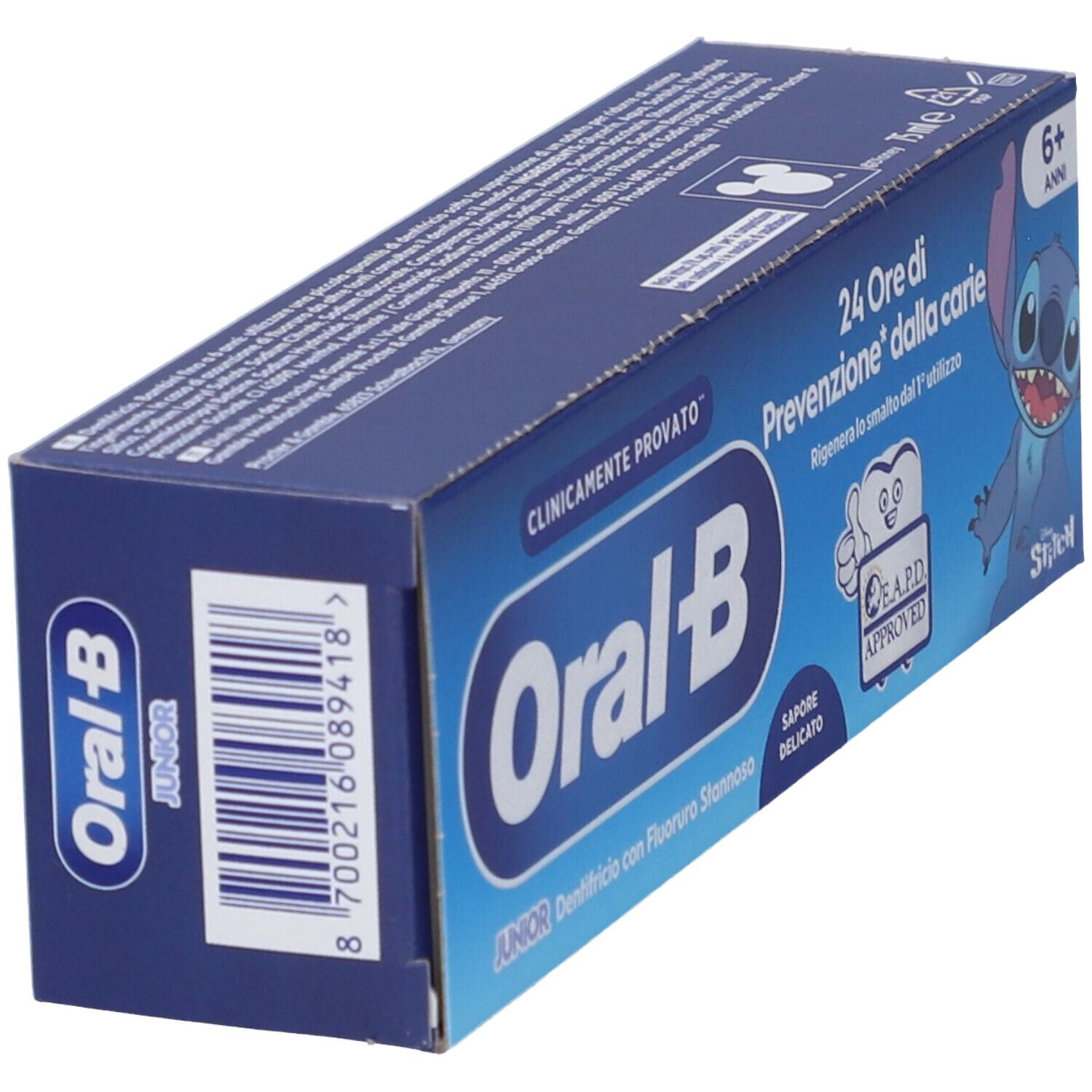 Oral-B Junior Zahnpasta-Verpackung mit Stitch-Motiv, für Kinder ab 6 Jahren.