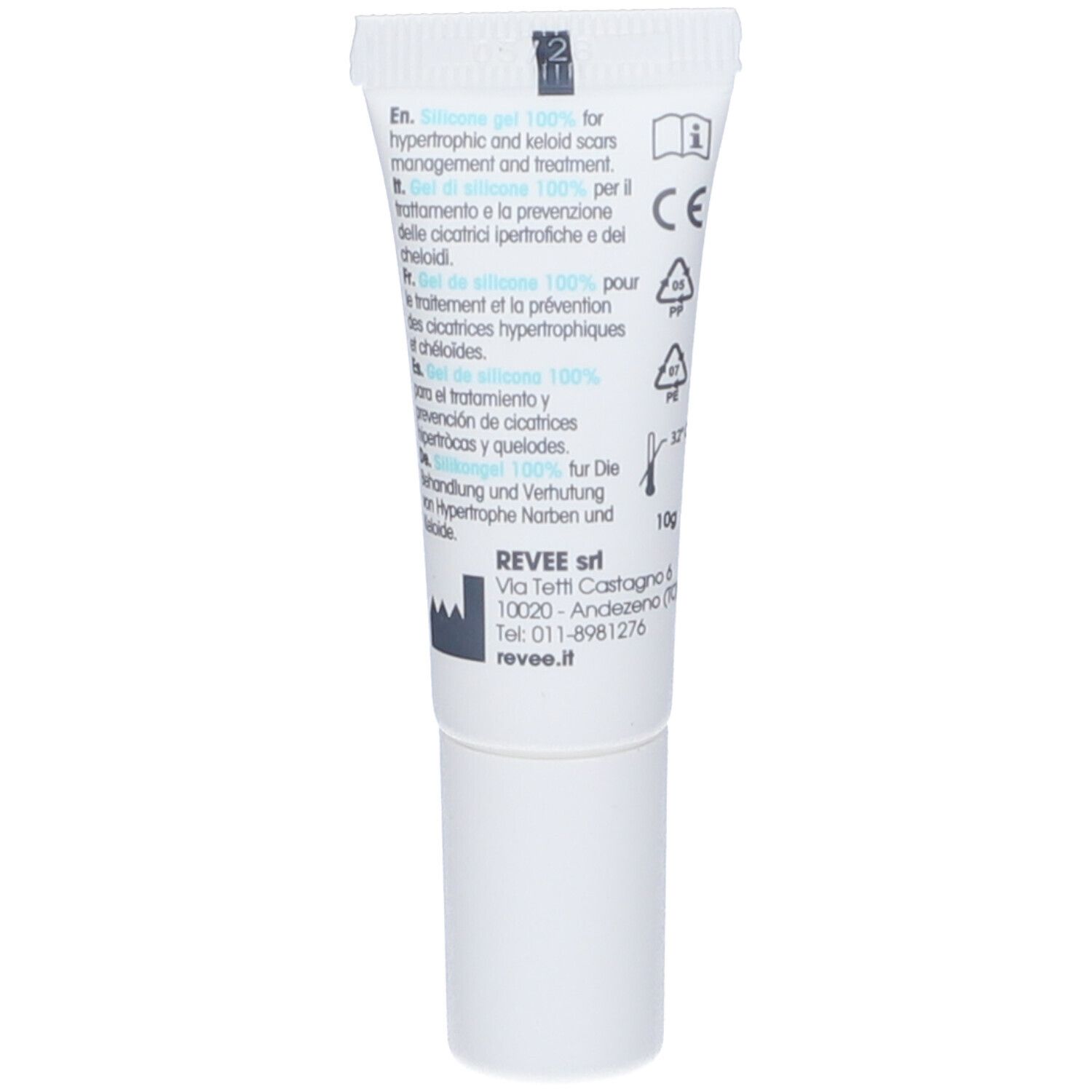 Rückseite der Tube mit Revee Scar Gel. Mehrsprachige Produktinformationen. CE-Kennzeichnung.