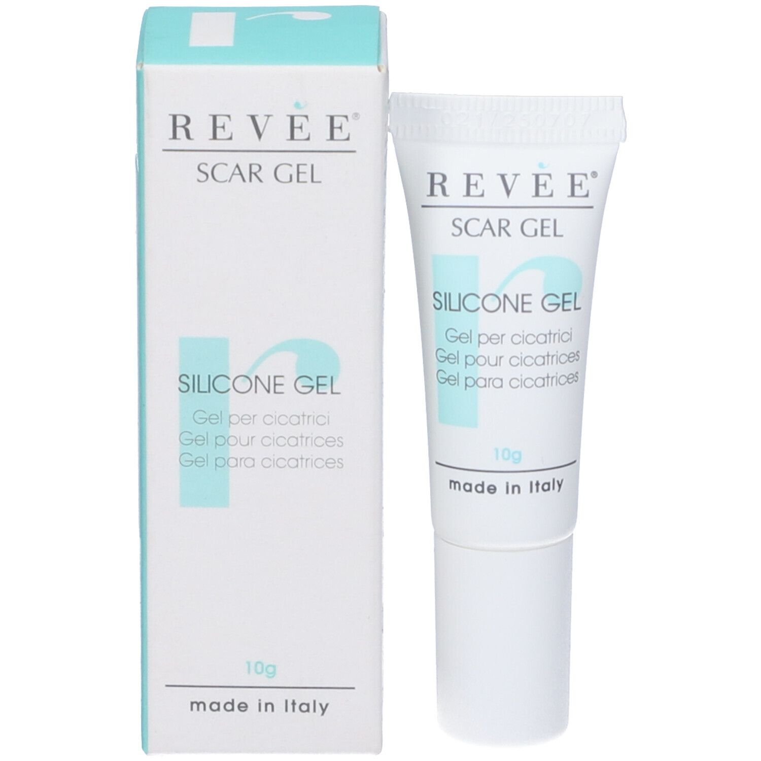 Revee Scar Gel Tube und Schachtel. Aufschrift: Silicone Gel, 10g, made in Italy. Mehrsprachige Beschriftung.