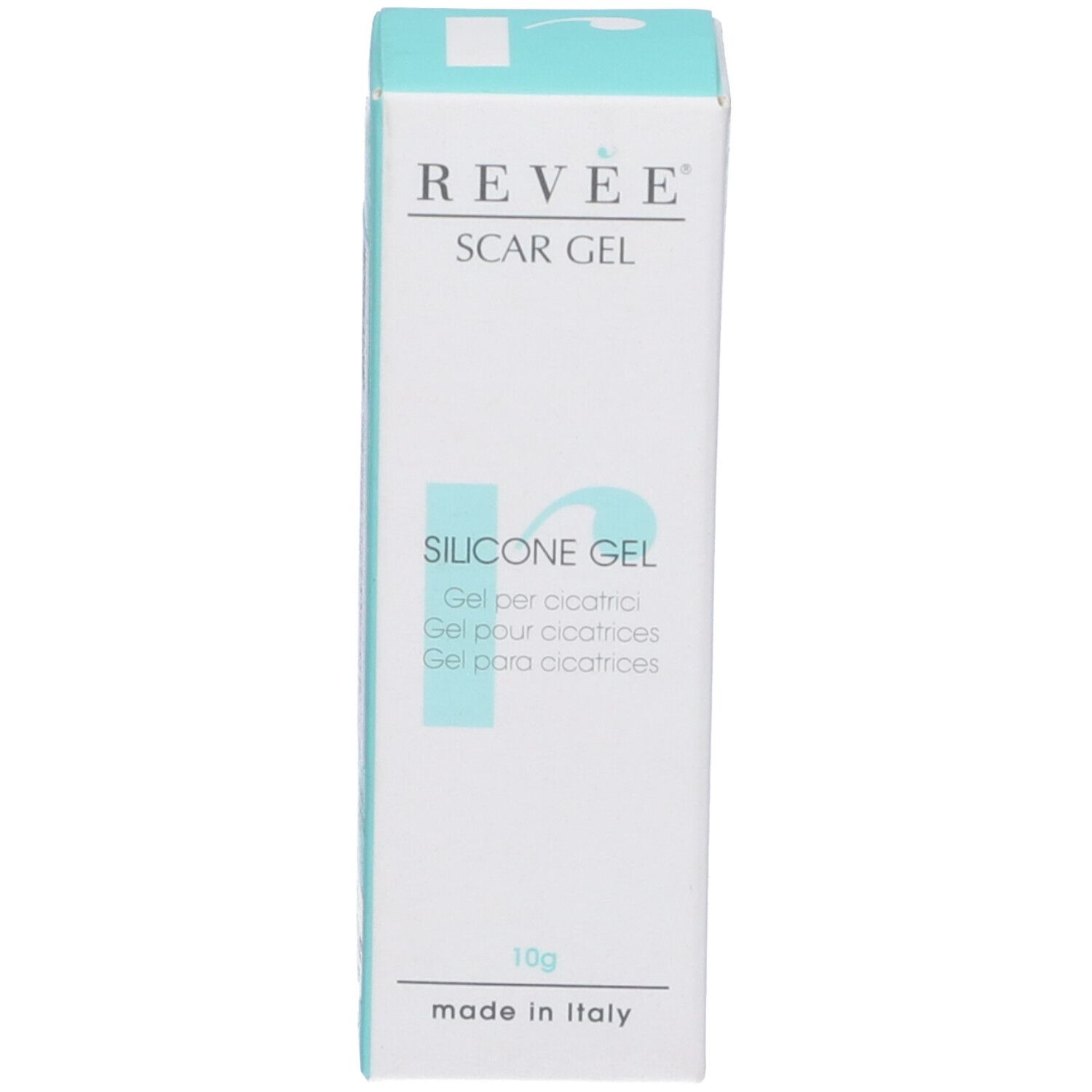 Revee Scar Gel Schachtel. Aufschrift: Silicone Gel, 10g, made in Italy. Mehrsprachige Beschriftung.