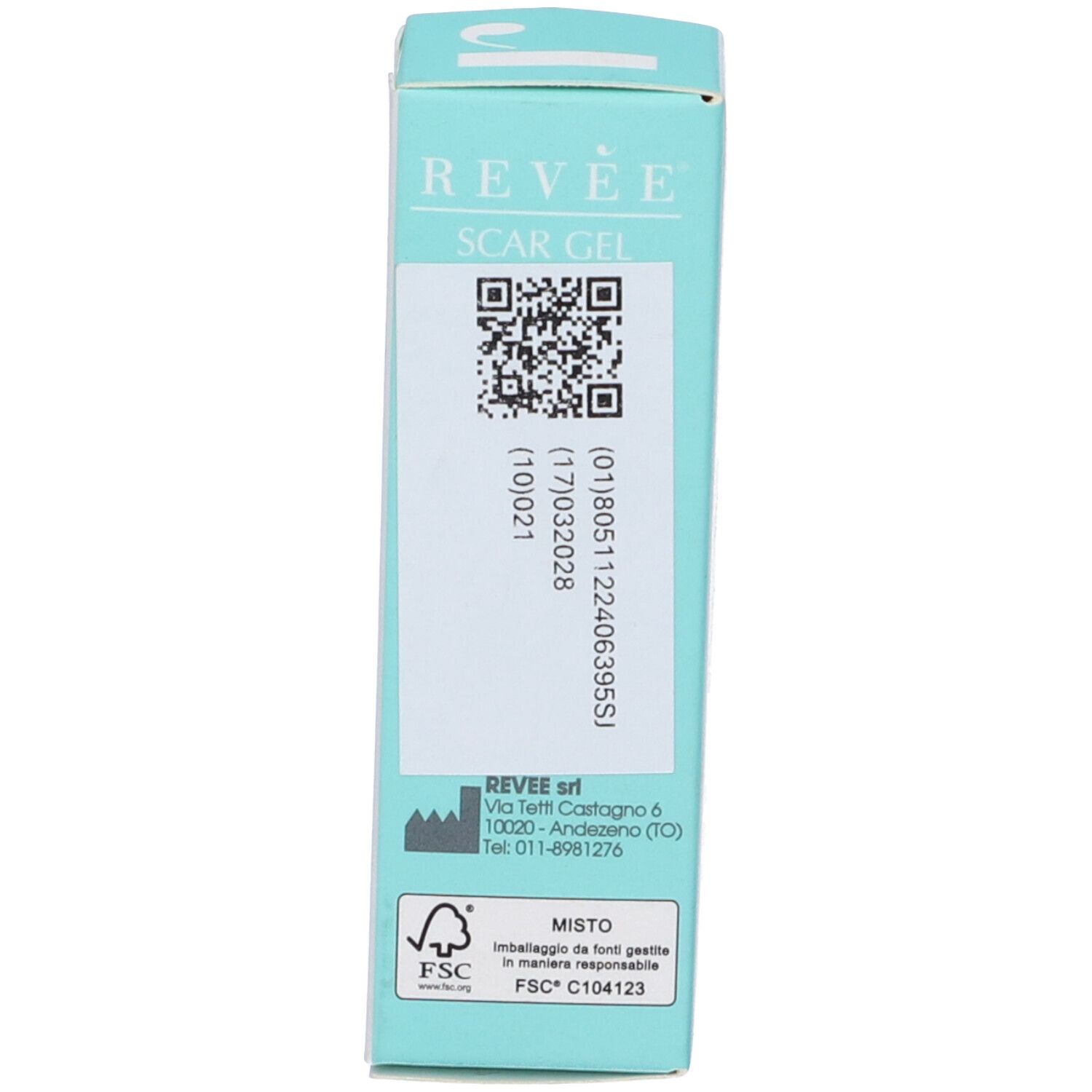 Rückseite der Revee Scar Gel Schachtel. QR-Code, Produktinformationen, FSC-Zertifizierung.