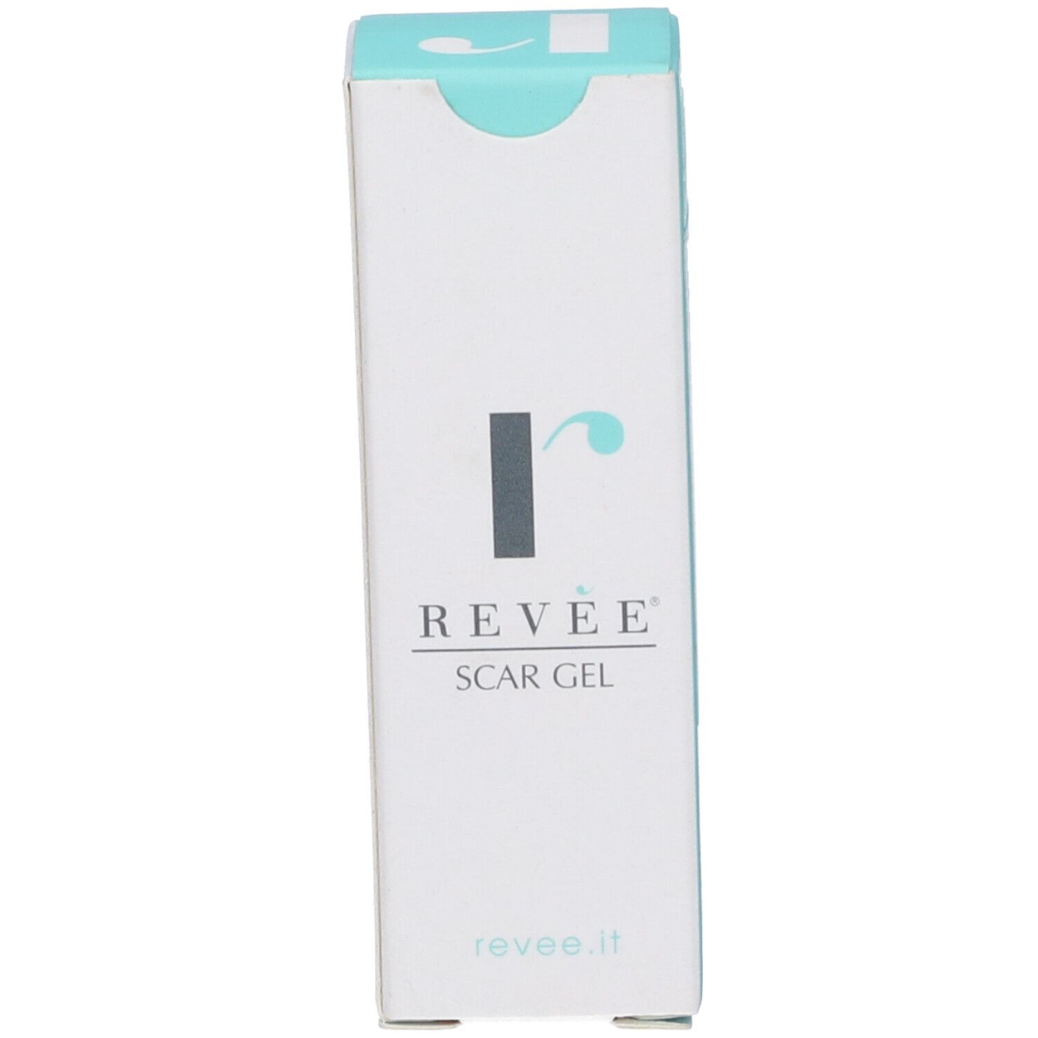 Revee Scar Gel Schachtel. Logo, Produktname, Website-Adresse.