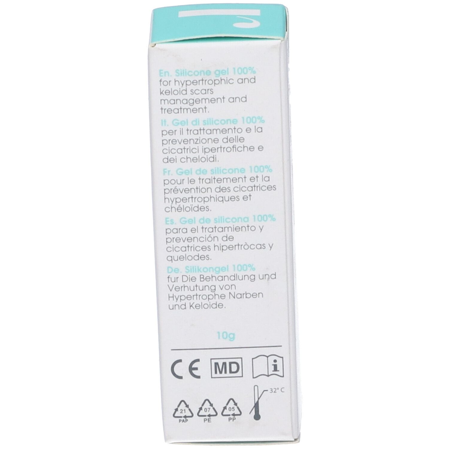 Seite der Revee Scar Gel Schachtel. Mehrsprachige Produktinformationen, CE-Kennzeichnung.