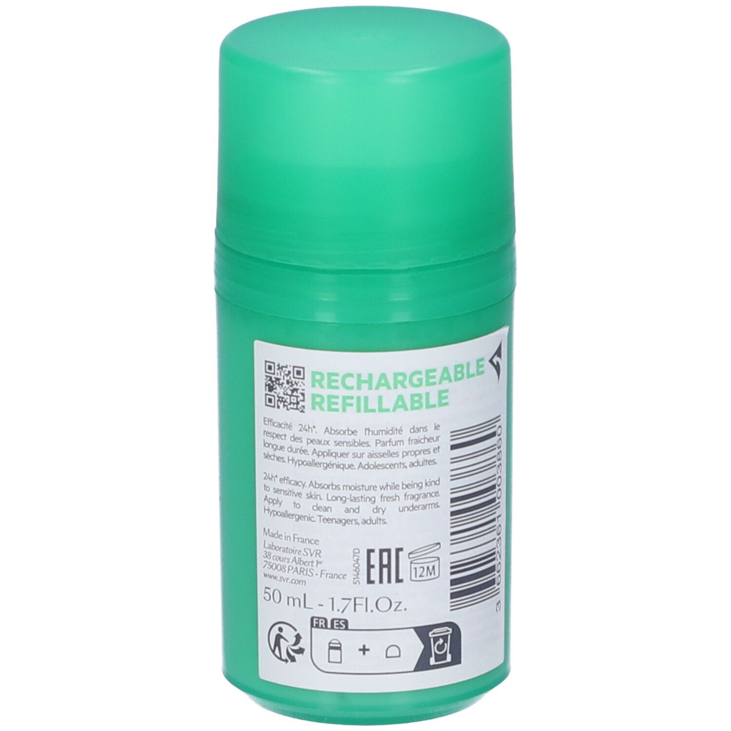 Grüner Roll-on-Deo-Behälter mit der Aufschrift "RECHARGEABLE REFILLABLE". 50 ml.