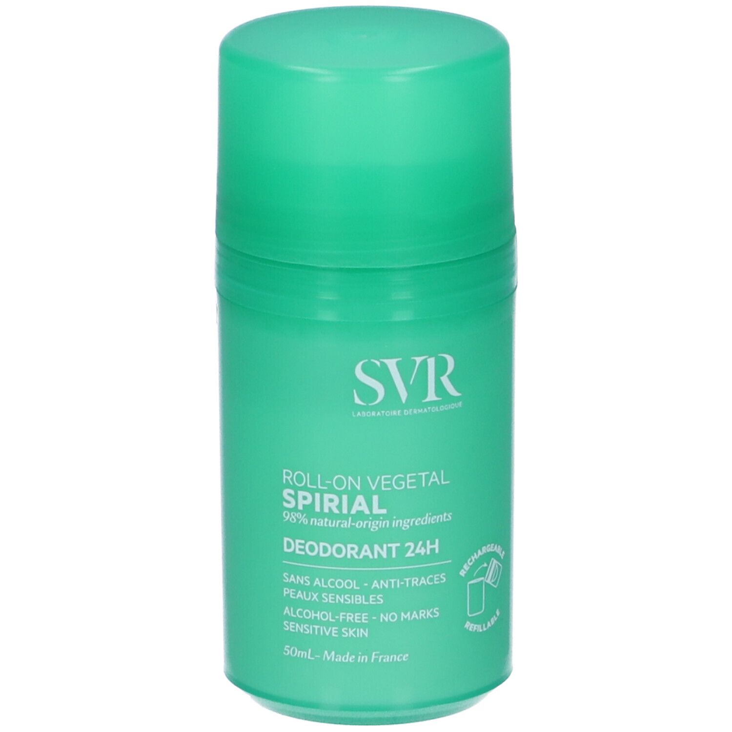 Grüner SVR Spirial Roll-on Deodorant Behälter mit weißem Aufdruck. 50ml.