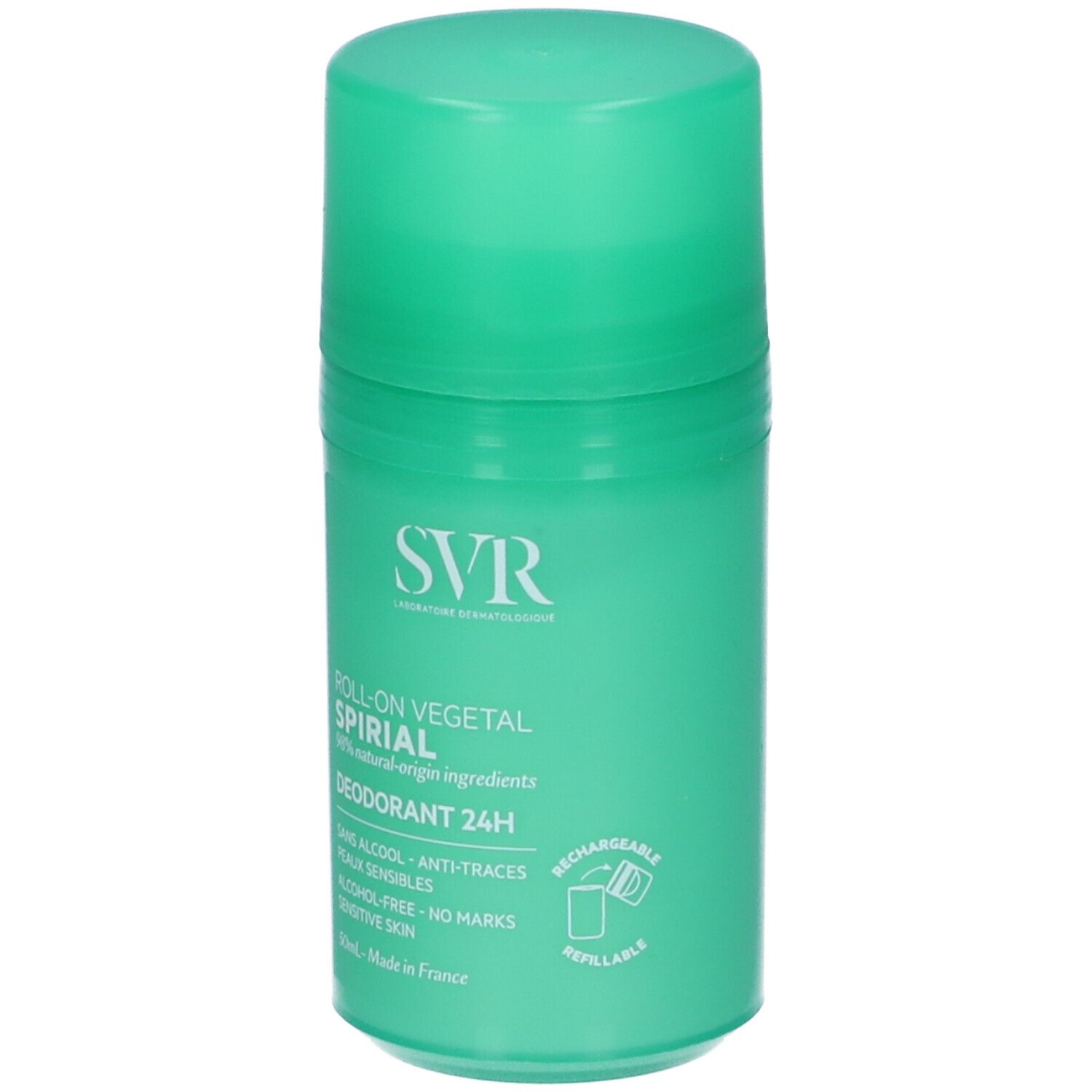 Grüne SVR Spirial Roll-on-Deodorantflasche mit Beschriftung, 50ml, wiederaufladbar.