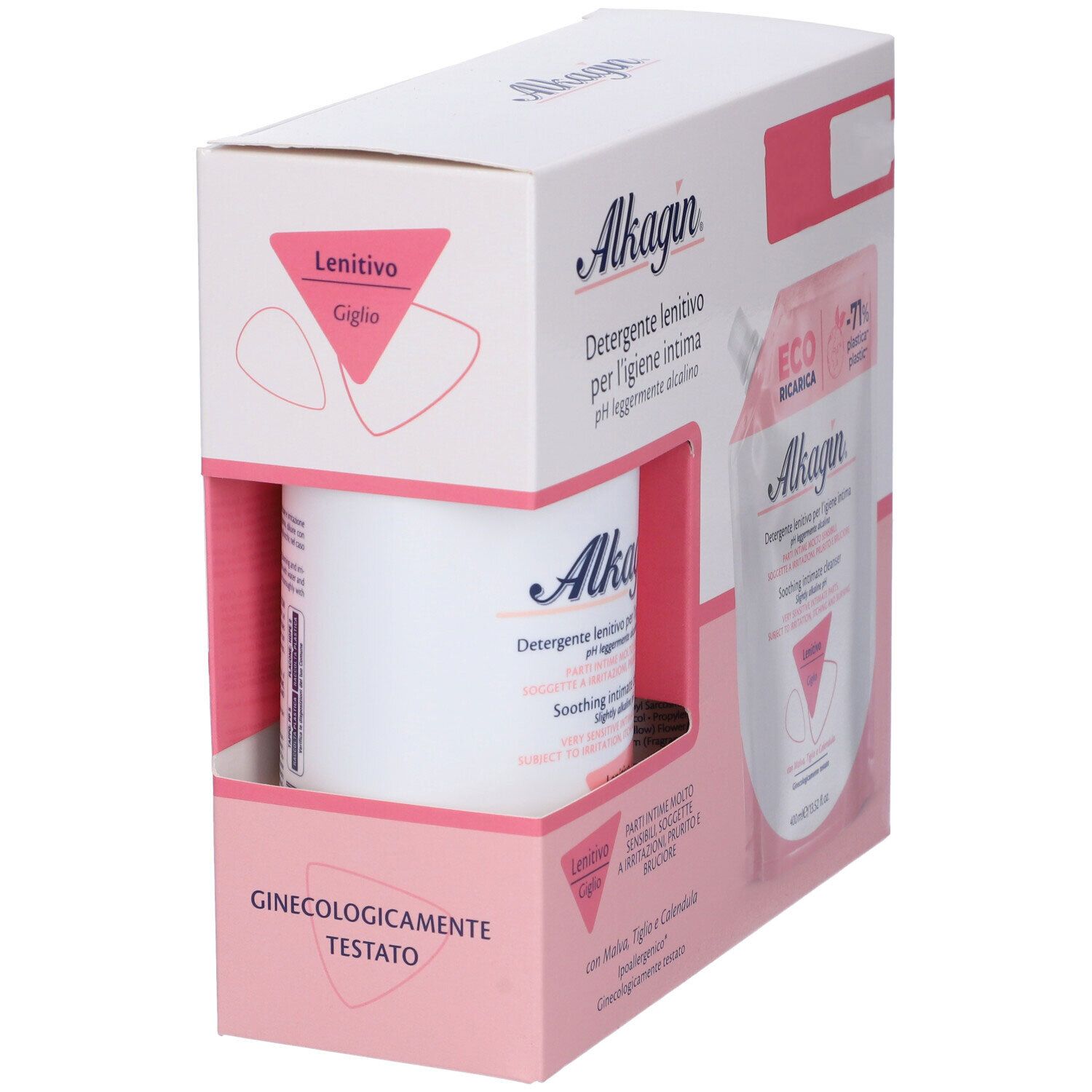 Confezione Alkagin Detergente Lenitivo. Flacone e ricarica in scatola. Testo: Lenitivo Giglio, Ginecologicamente testato.