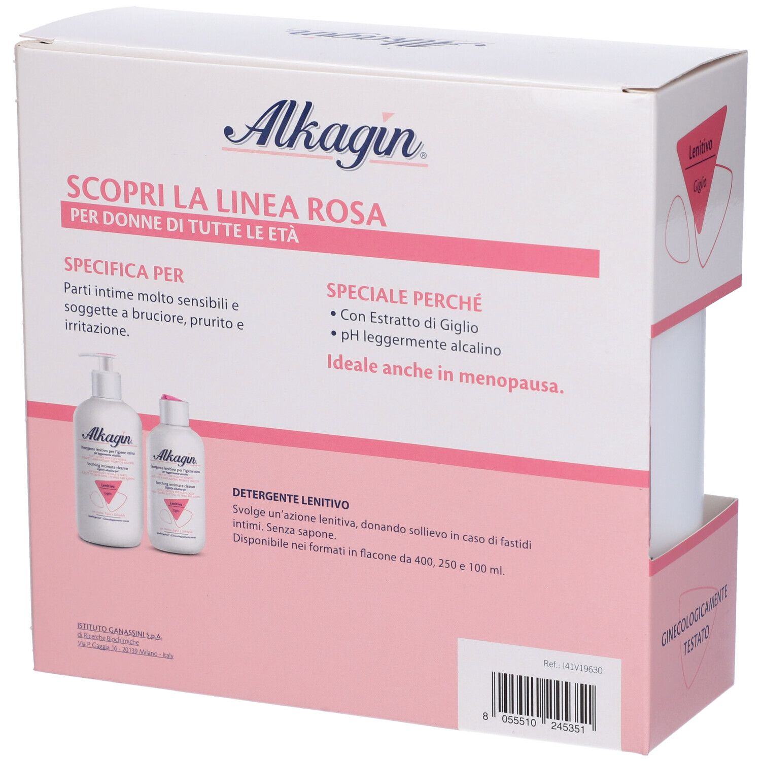 Confezione Alkagin. Testo: Scopri la linea rosa, per donne di tutte le età. Flaconi illustrati. Testo: Ginecologicamente testato.