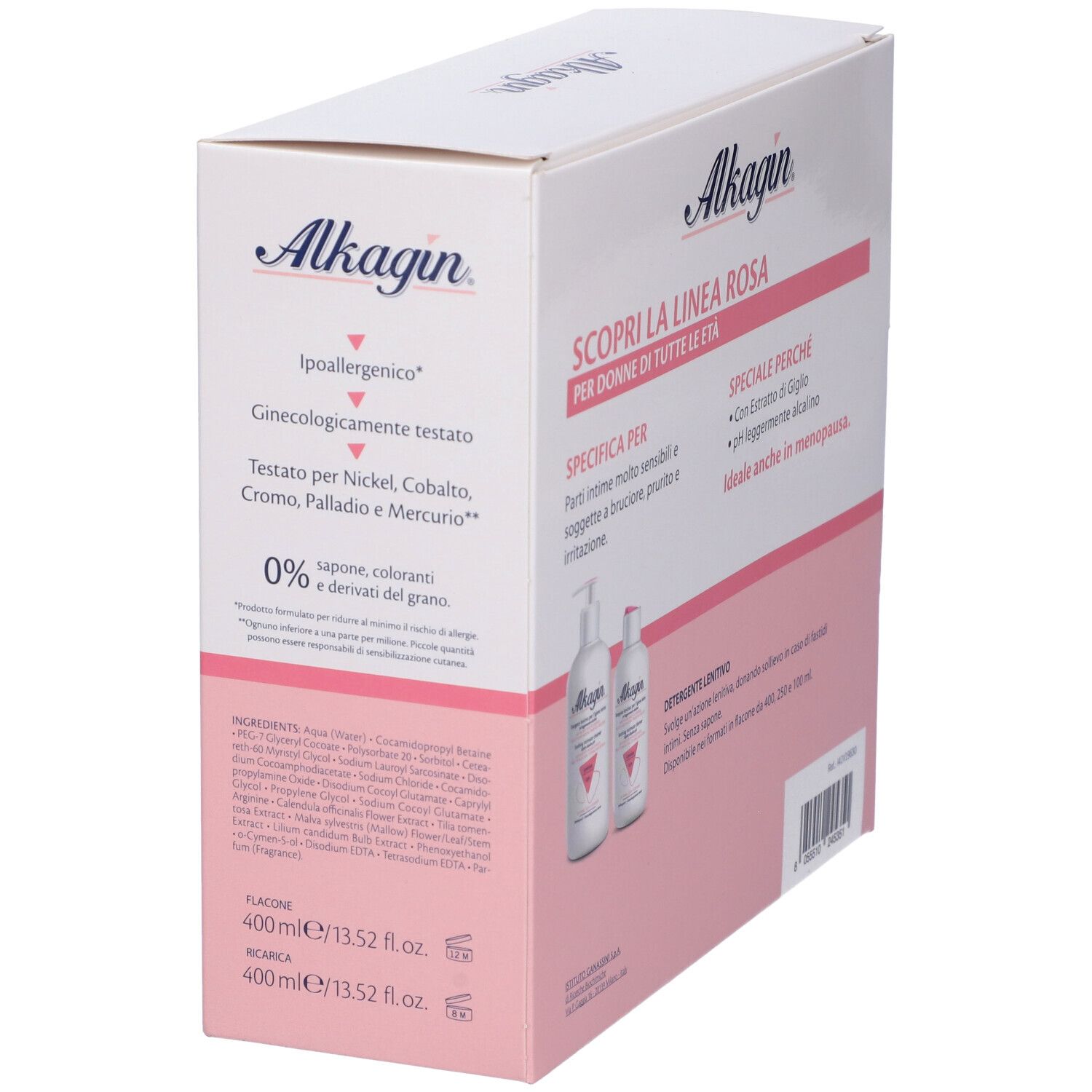 Confezione Alkagin. Testo: Scopri la linea rosa, per donne di tutte le età. Testo: Ipoallergenico, Testato per Nickel, Cobalto, Cromo, Palladio e Mercurio.