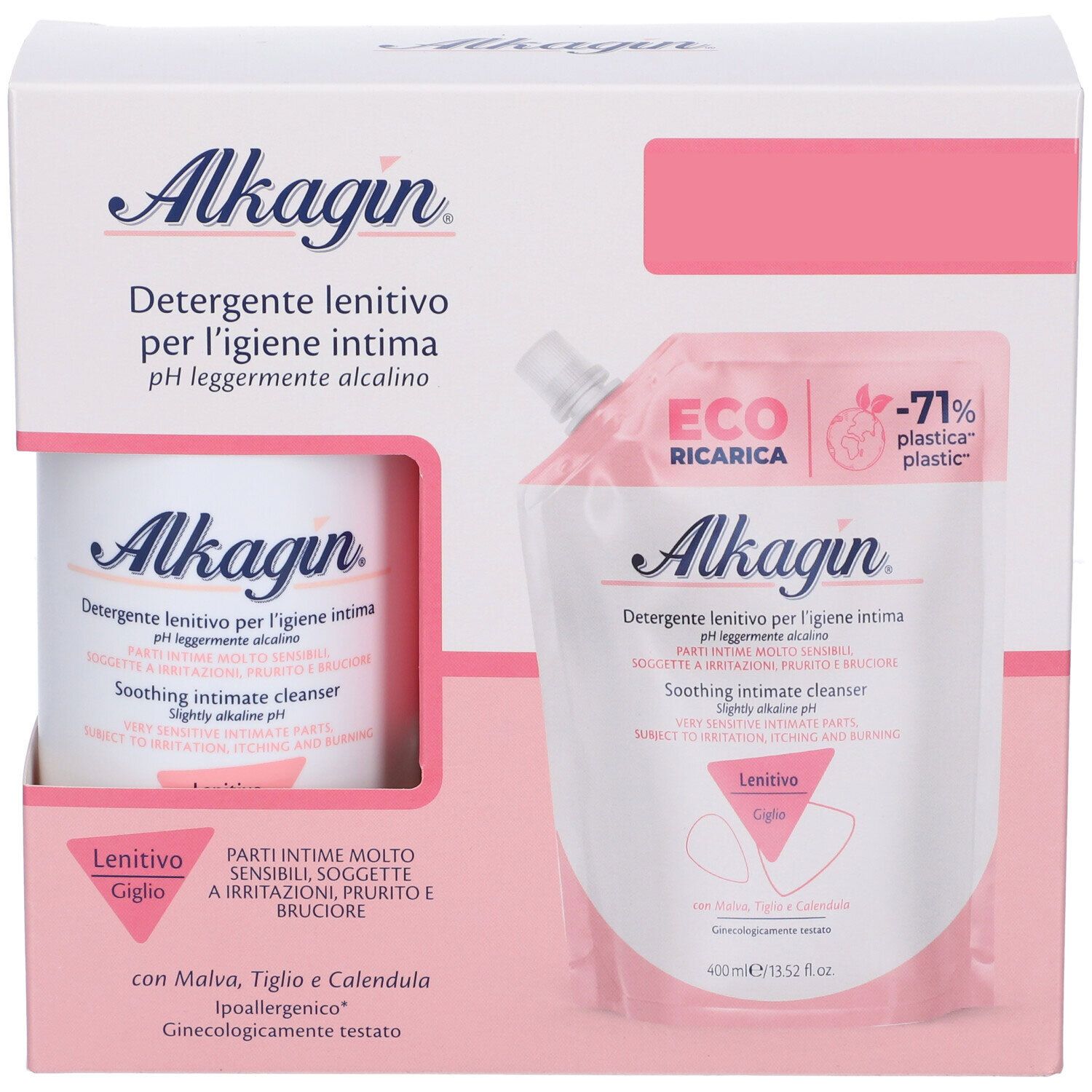 Confezione Alkagin Detergente Lenitivo. Contiene flacone e ricarica. Testo: pH leggermente alcalino, Eco Ricarica, Lenitivo Giglio.