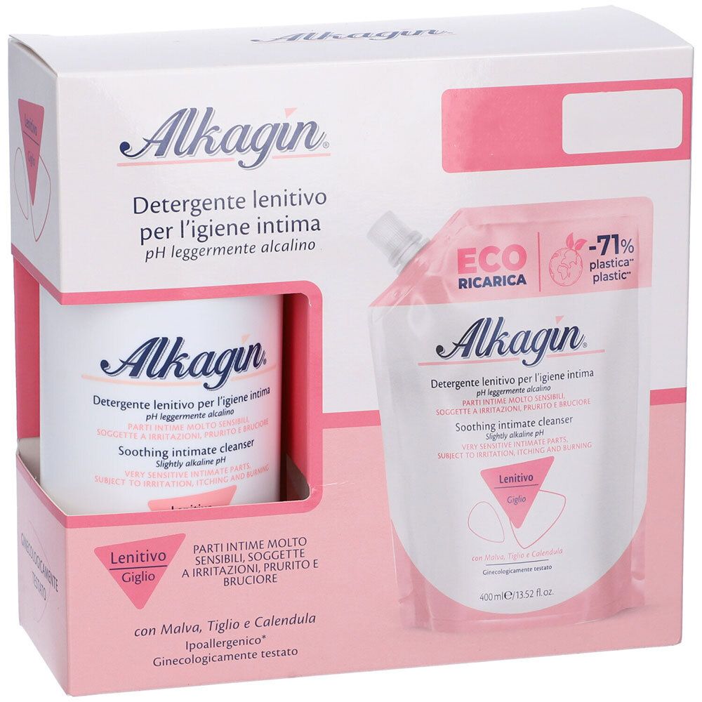 Confezione Alkagin Detergente Lenitivo. Contiene flacone e ricarica. Testo: pH leggermente alcalino, Eco Ricarica, Lenitivo Giglio.
