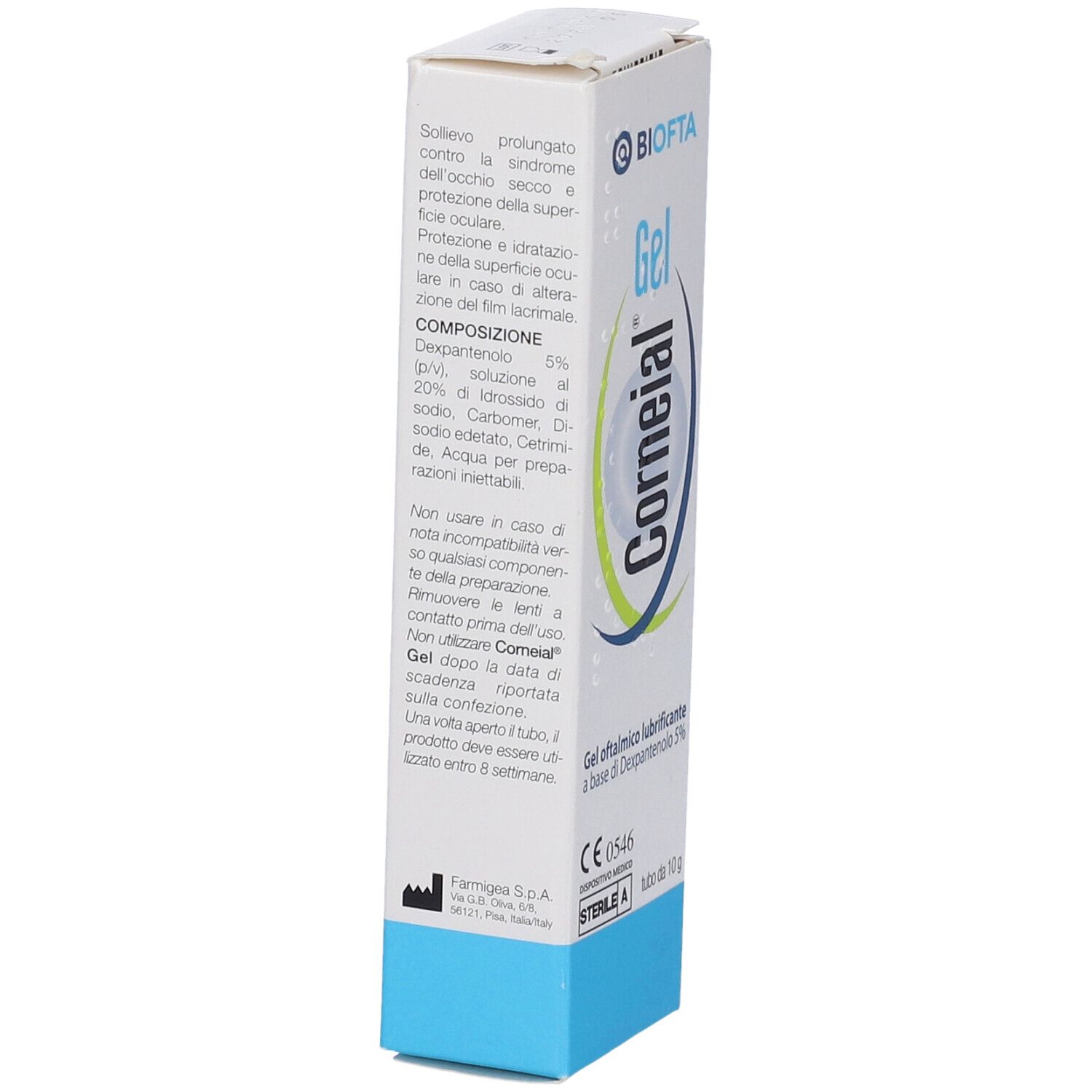 Weiße Schachtel mit Produktinformationen. Blaue Basis. Text: Corneial Gel, Zusammensetzung, Gebrauchsanweisung, CE-Kennzeichnung.