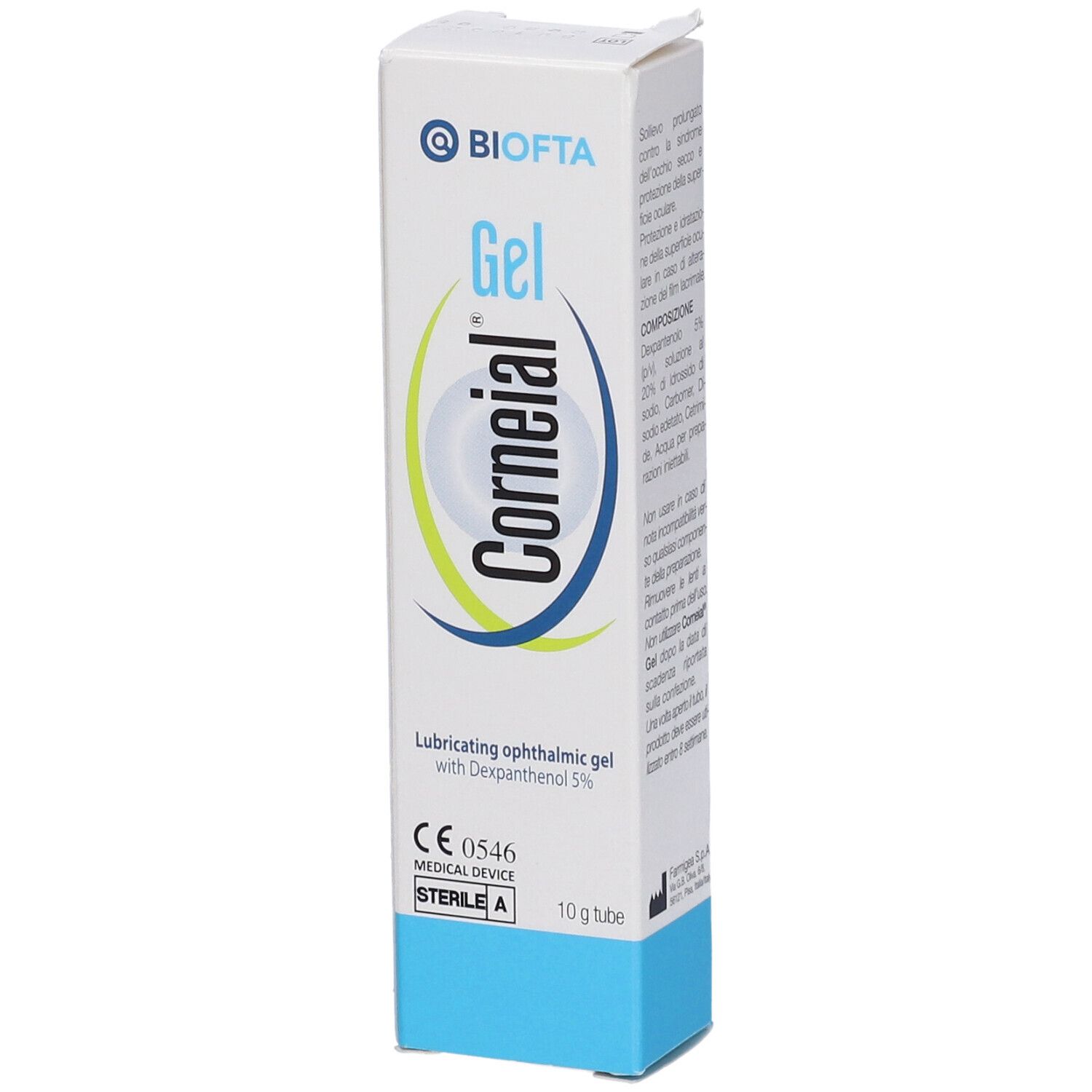 Weiße Schachtel mit Produktnamen Corneial Gel. Blaue Basis. Text: Gel oftalmico lubrificante with Dexpantenol 5%, 10 g tube.