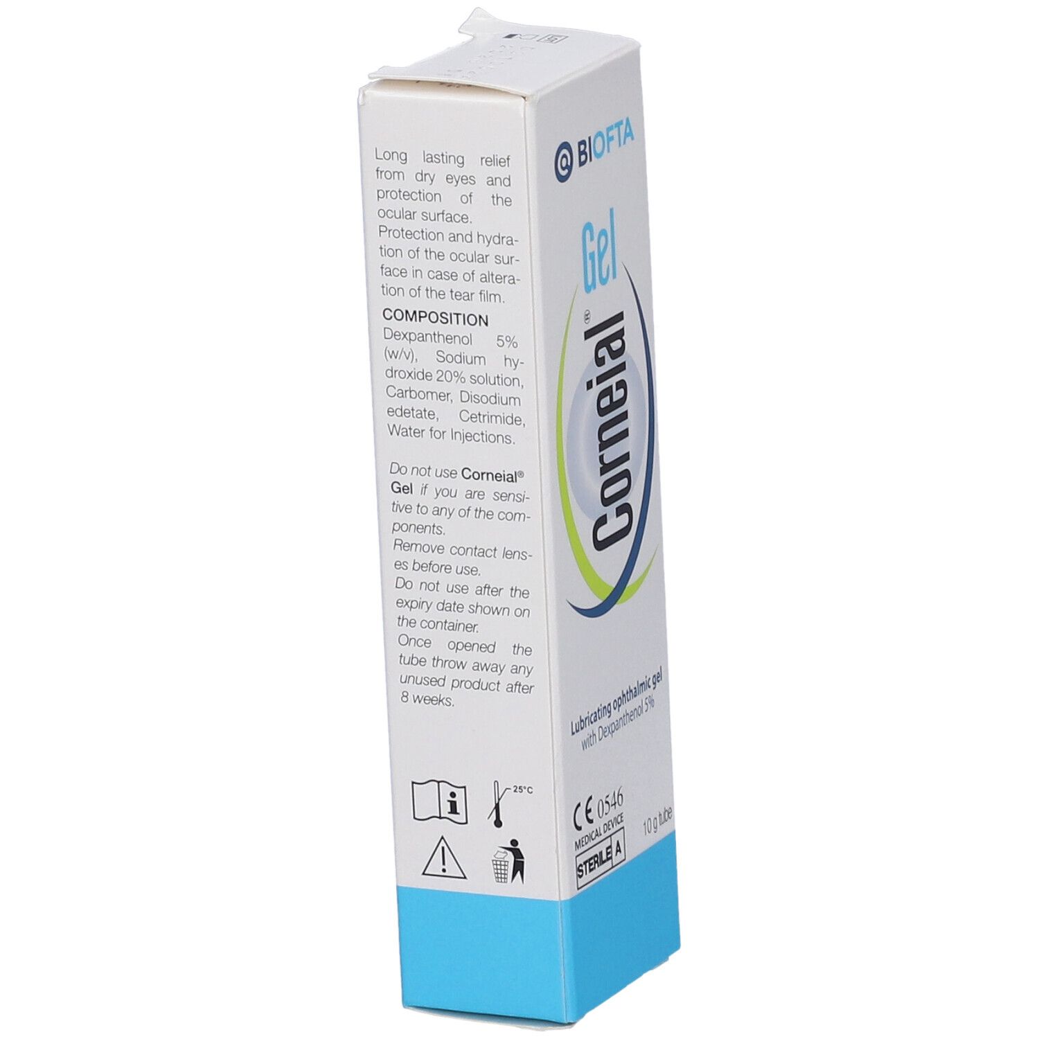 Weiße Schachtel mit Produktinformationen. Blaue Basis. Text: Corneial Gel, Gebrauchsanweisung, Warnhinweise, Verfallsdatum, CE-Kennzeichnung.