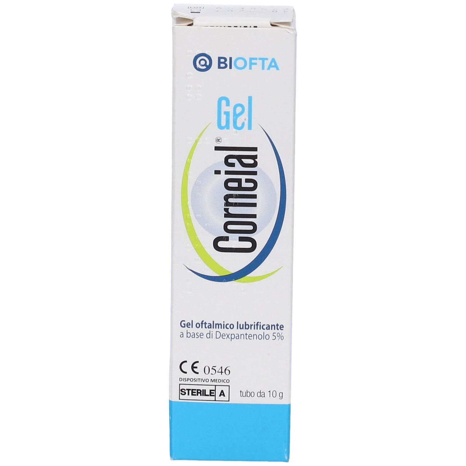 Weiße Schachtel mit Produktnamen Corneial Gel. Text: Gel oftalmico lubrificante a base di Dexpantenolo 5%. CE-Kennzeichnung.