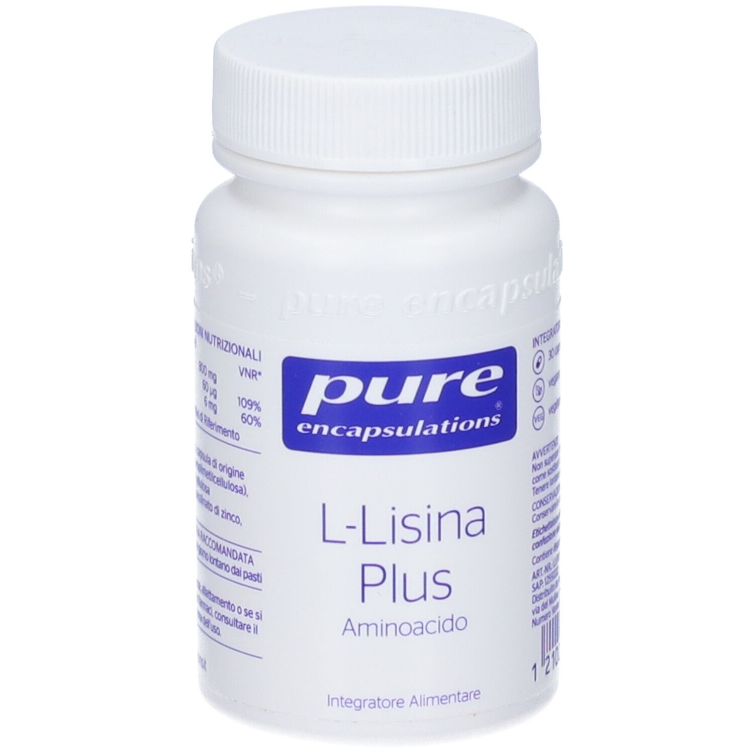 Flacone bianco con etichetta blu. Scritta: Pure Encapsulations, L-Lisina Plus, Aminoacido. Capsule.
