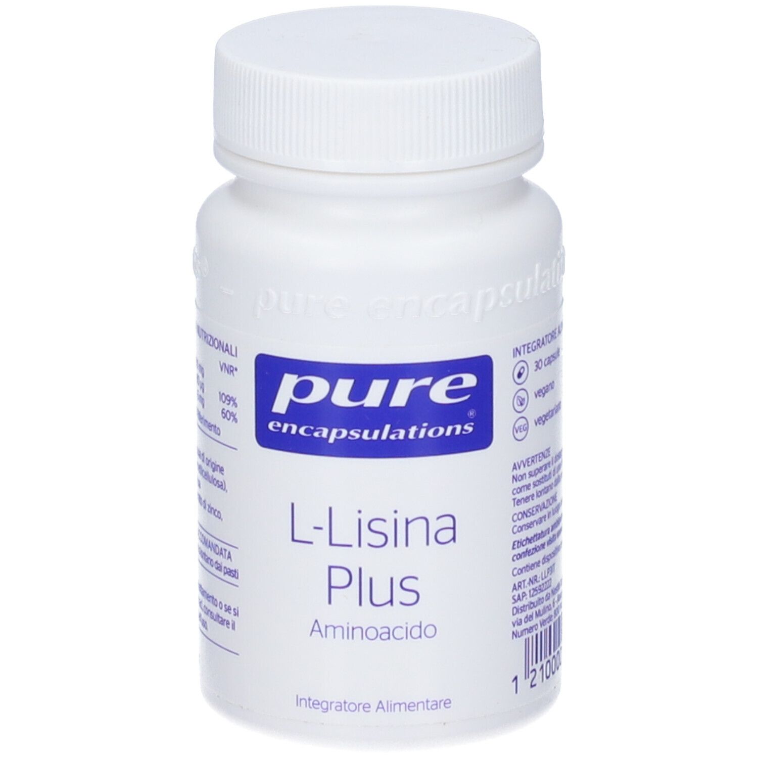 Flacone bianco di integratore alimentare L-Lisina Plus Aminoacido di Pure Encapsulations. 30 capsule.